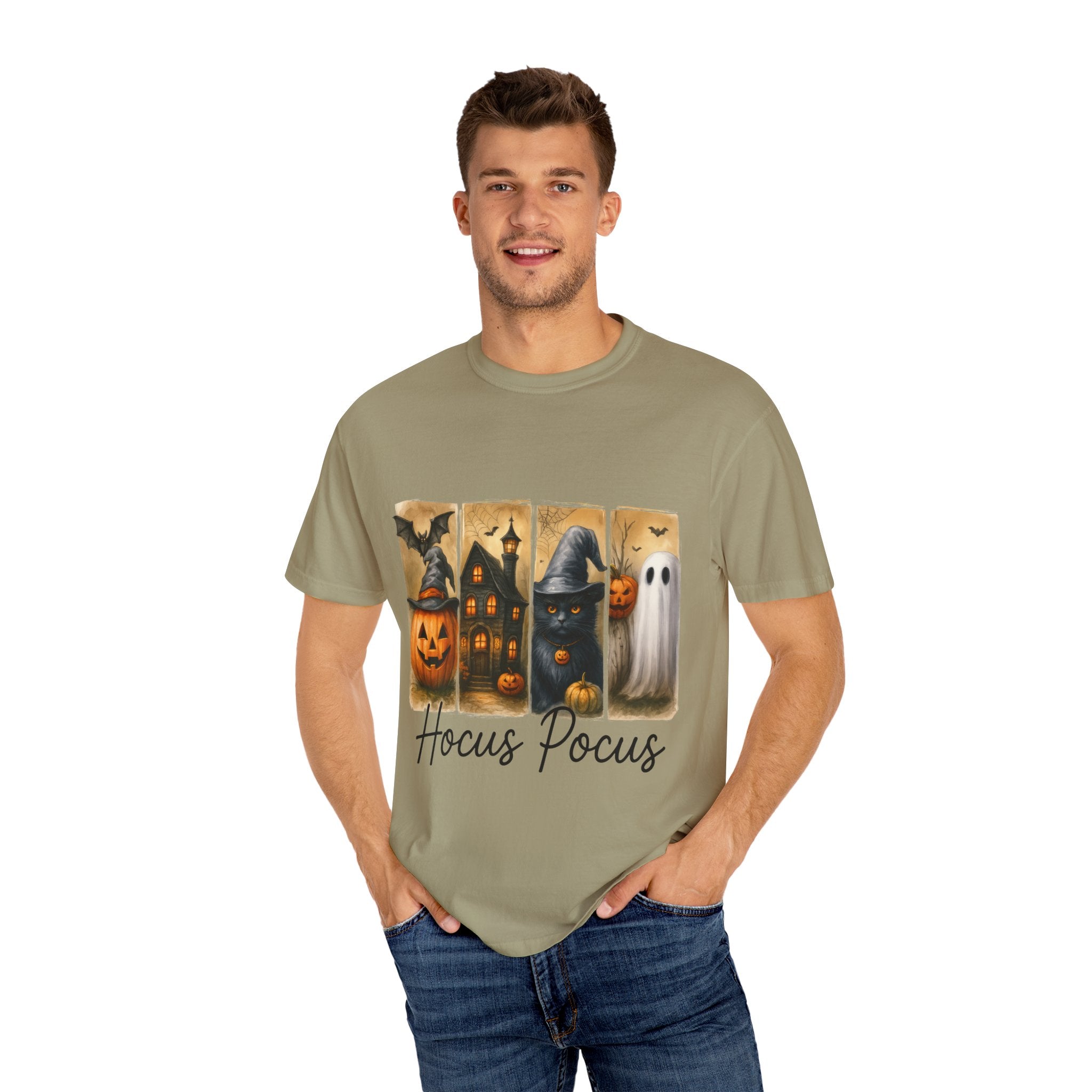 Hocus Pocus Halloween Unisex T-Shirt – Witchy Cat, Haunted House, Pumpkin & Ghost Art