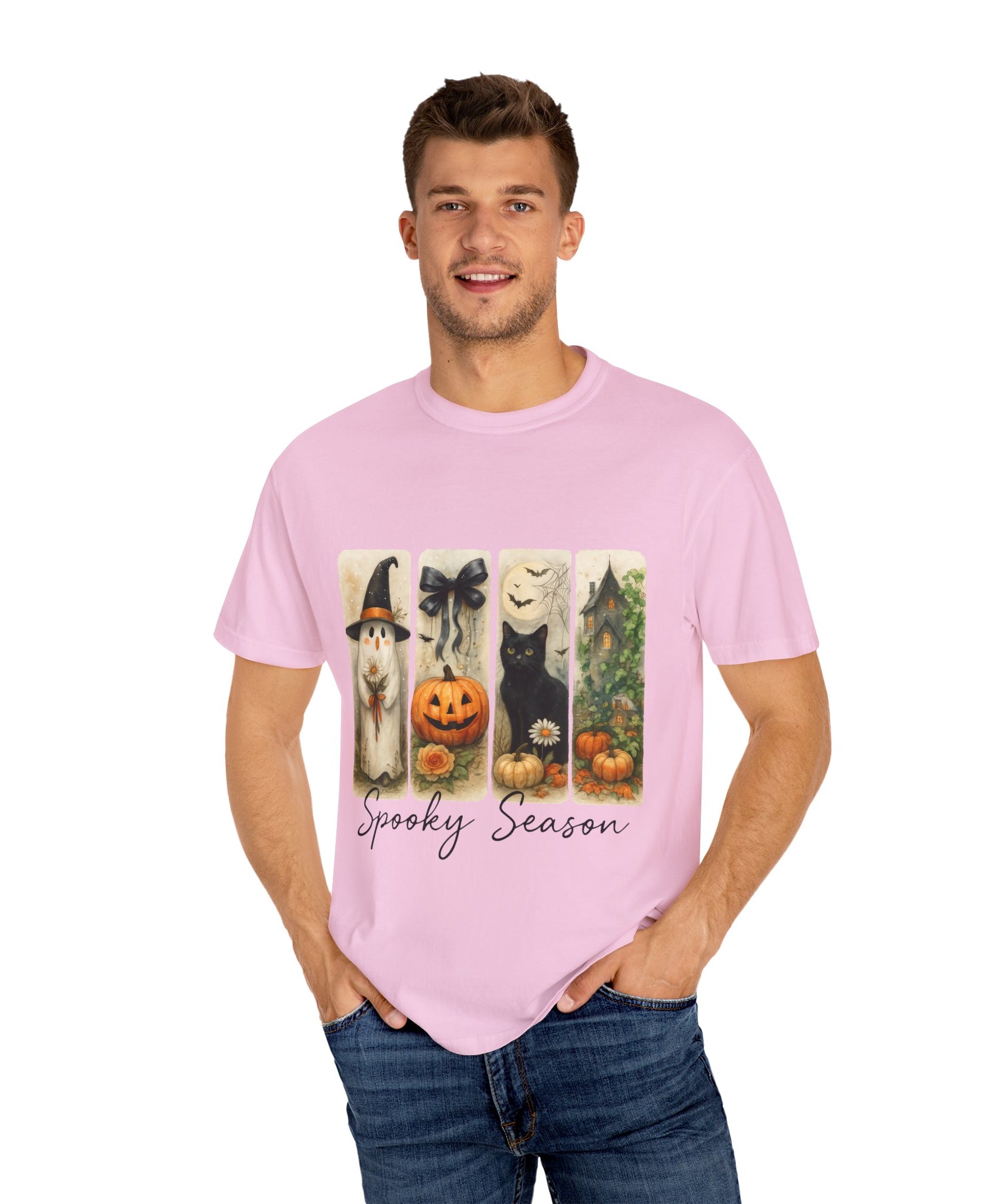 Vintage Halloween Unisex T-Shirt – Cute Ghost, Black Cat, Pumpkin & Haunted House Art - Gallory Hive