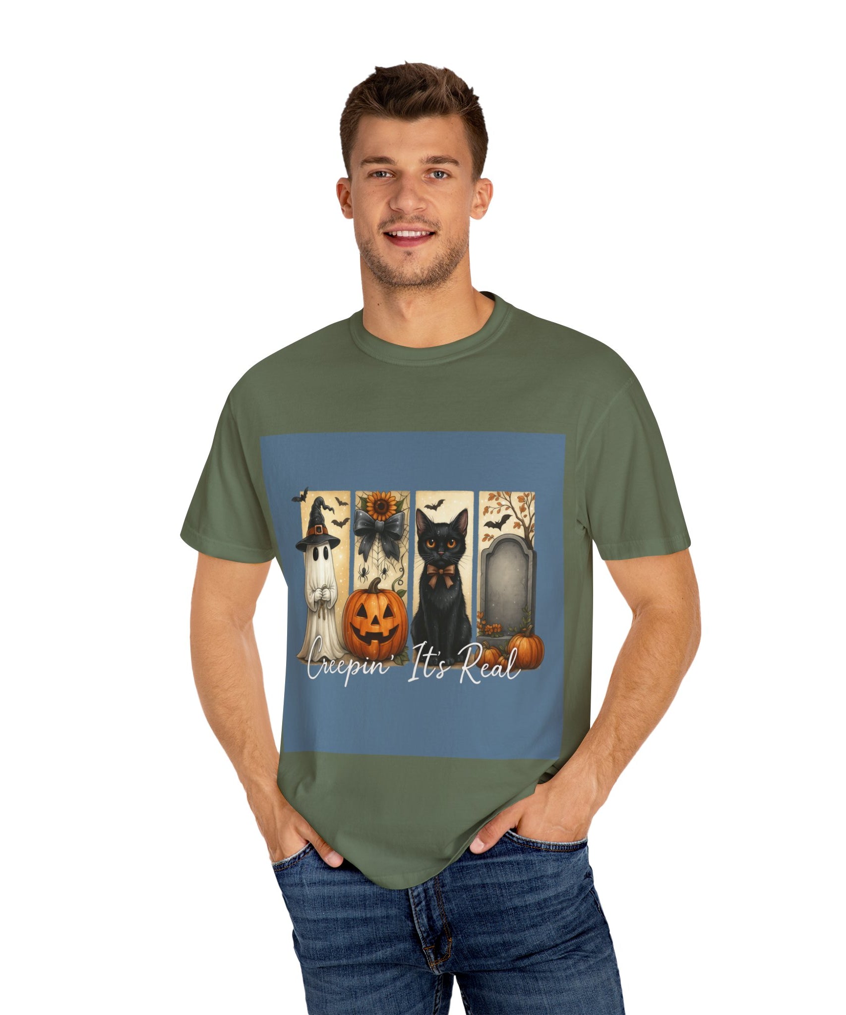 Creepin’ It’s Real Halloween T-Shirt – Cute Ghost, Pumpkin, Black Cat & Tombstone Design - Gallory Hive