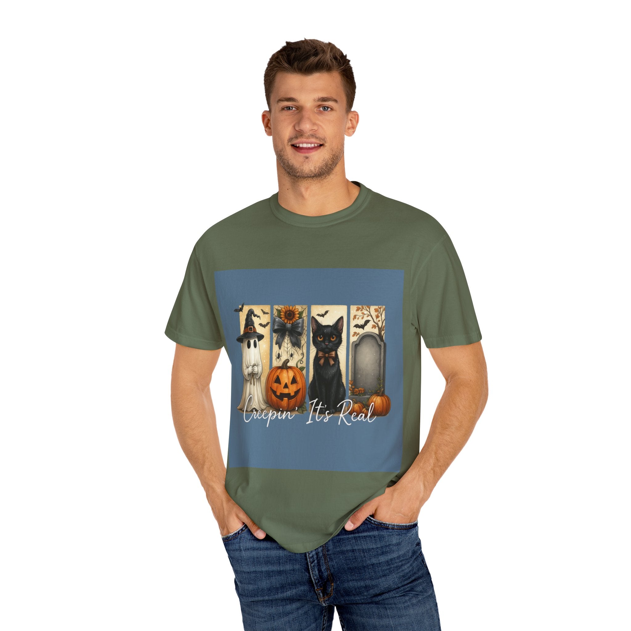 Creepin’ It’s Real Halloween T-Shirt – Cute Ghost, Pumpkin, Black Cat & Tombstone Design