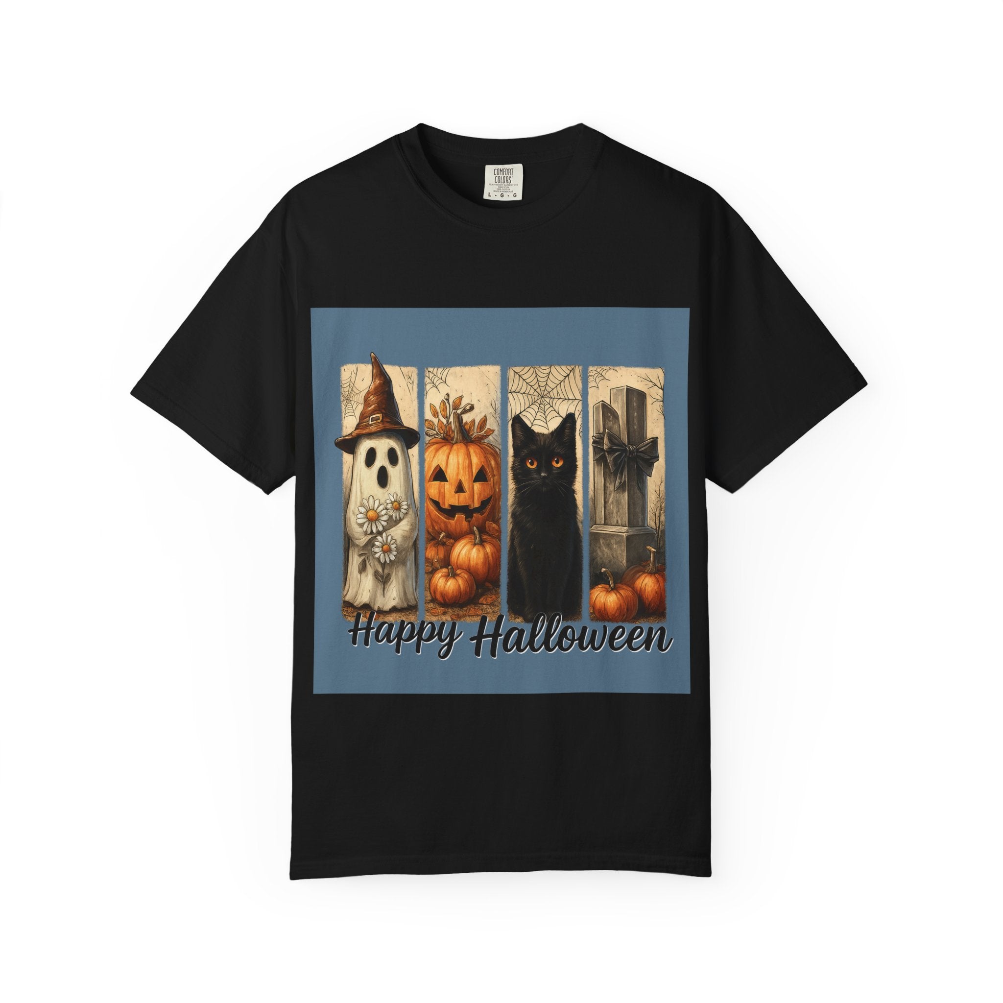 Happy Halloween Unisex T-Shirt – Ghost, Black Cat & Pumpkin Graphic Tee