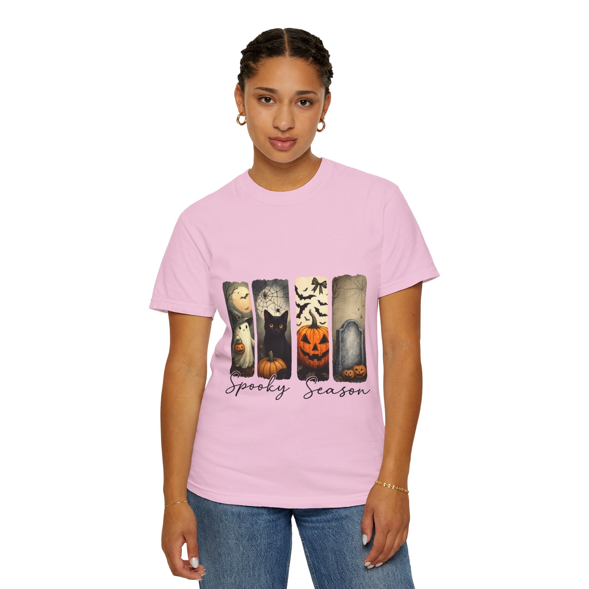 Halloween Night Unisex T-Shirt – Ghost, Black Cat, Pumpkin & Tombstone Vintage Art