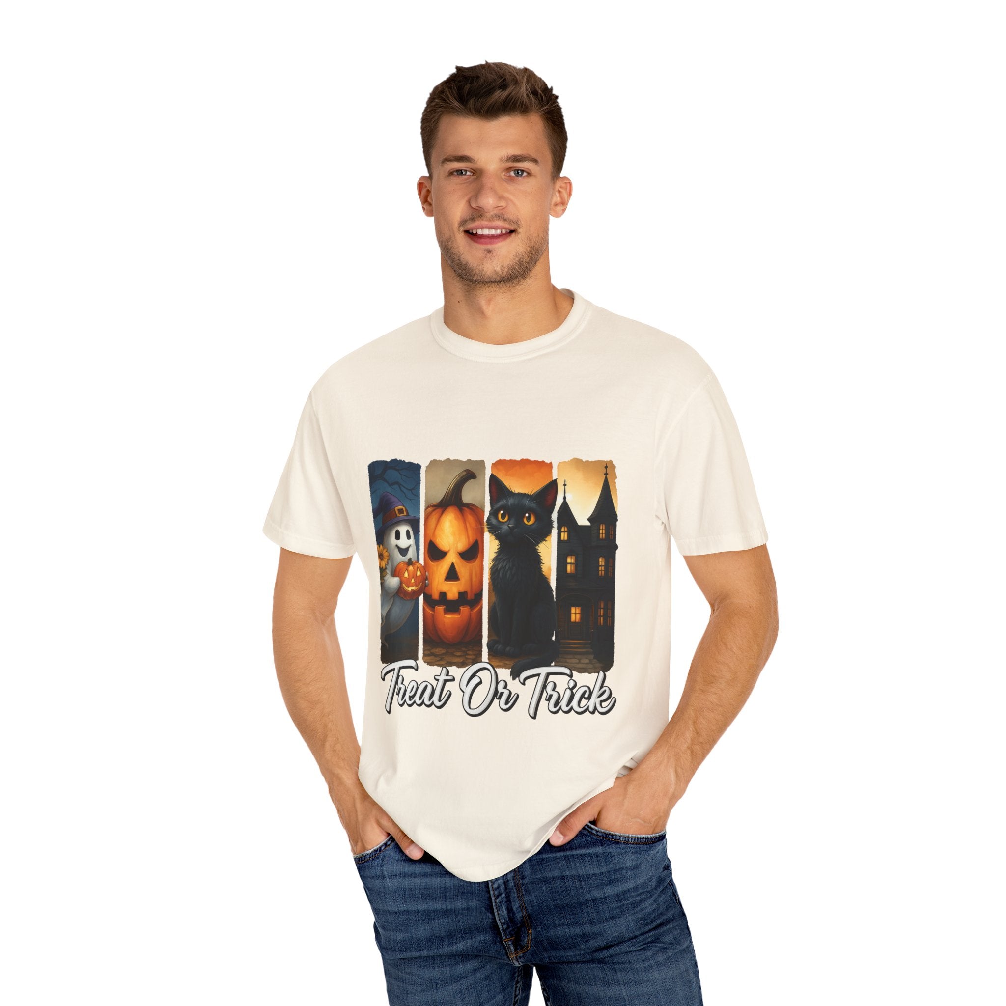 Treat Or Trick Halloween T-Shirt – Cute Ghost, Pumpkin, Black Cat & Haunted House Design
