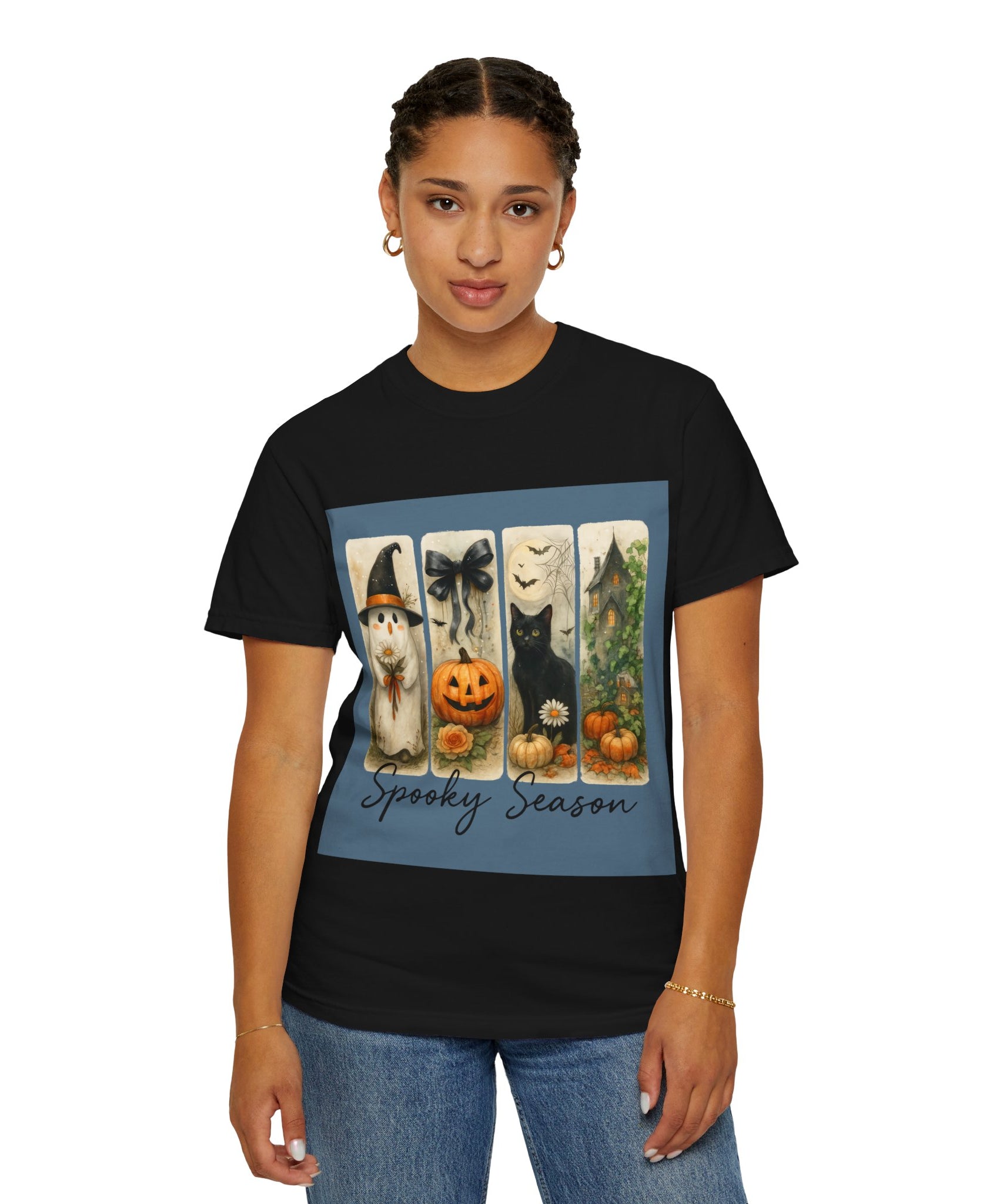 Vintage Halloween Unisex T-Shirt – Cute Ghost, Black Cat, Pumpkin & Haunted House Art - Gallory Hive