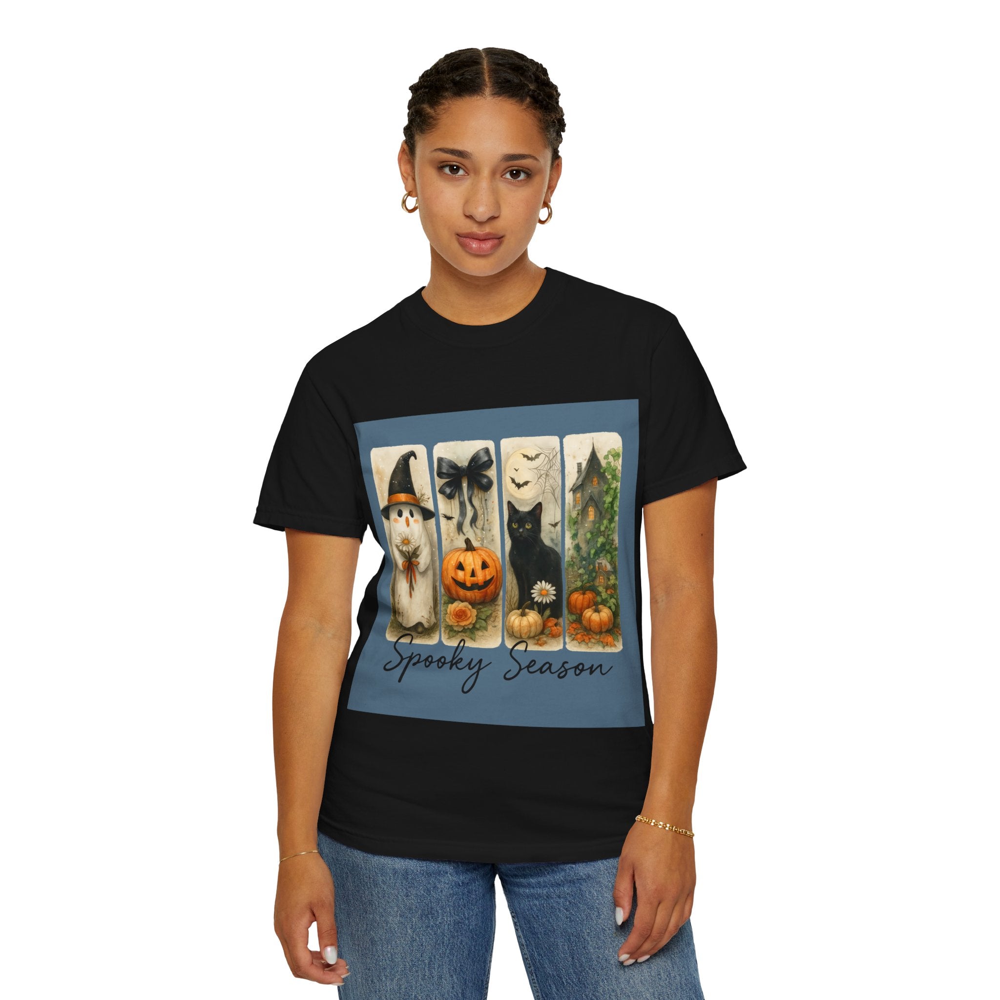 Vintage Halloween Unisex T-Shirt – Cute Ghost, Black Cat, Pumpkin & Haunted House Art - Gallory Hive