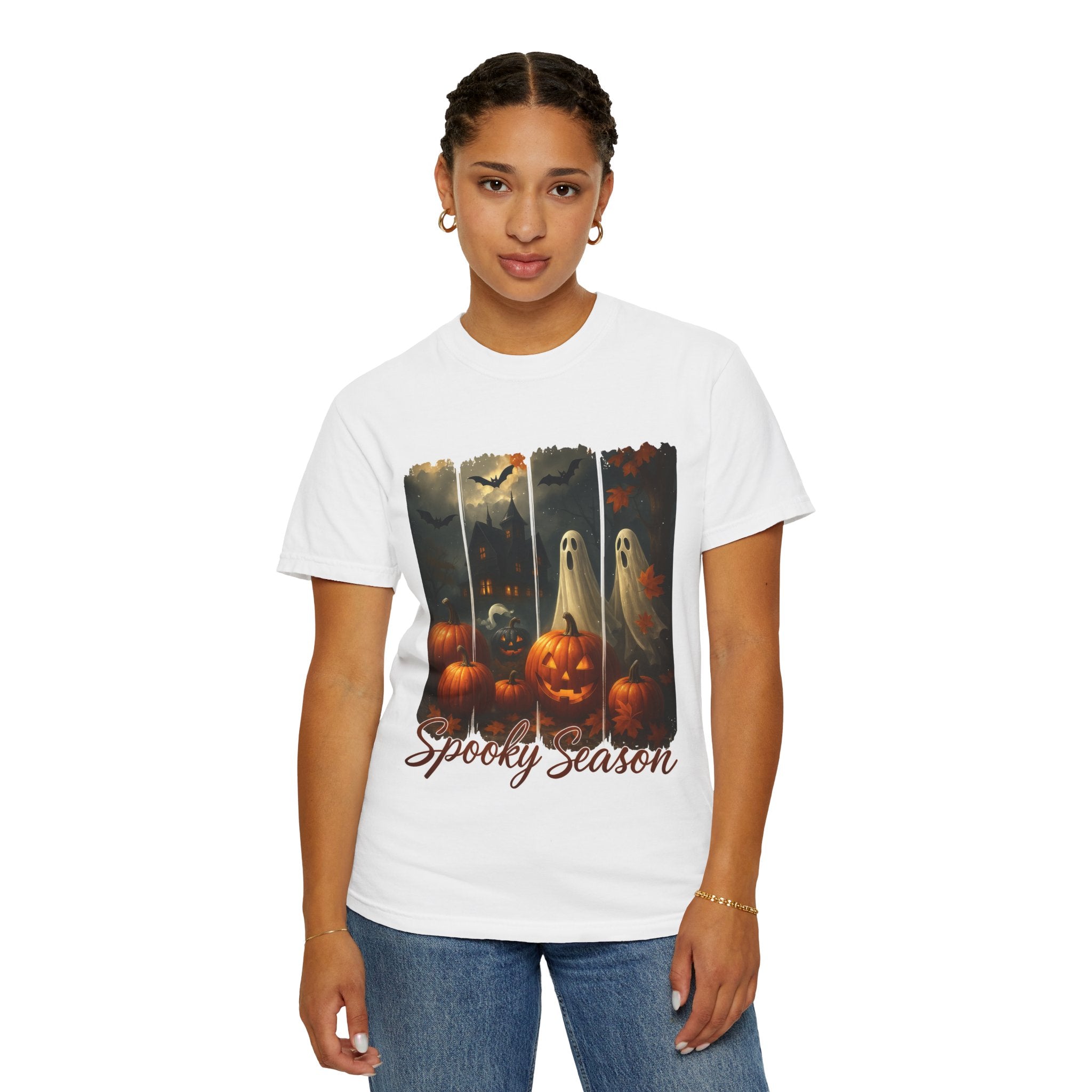Spooky Season Unisex Halloween T-Shirt – Haunted House, Pumpkins & Ghosts Fall Design
