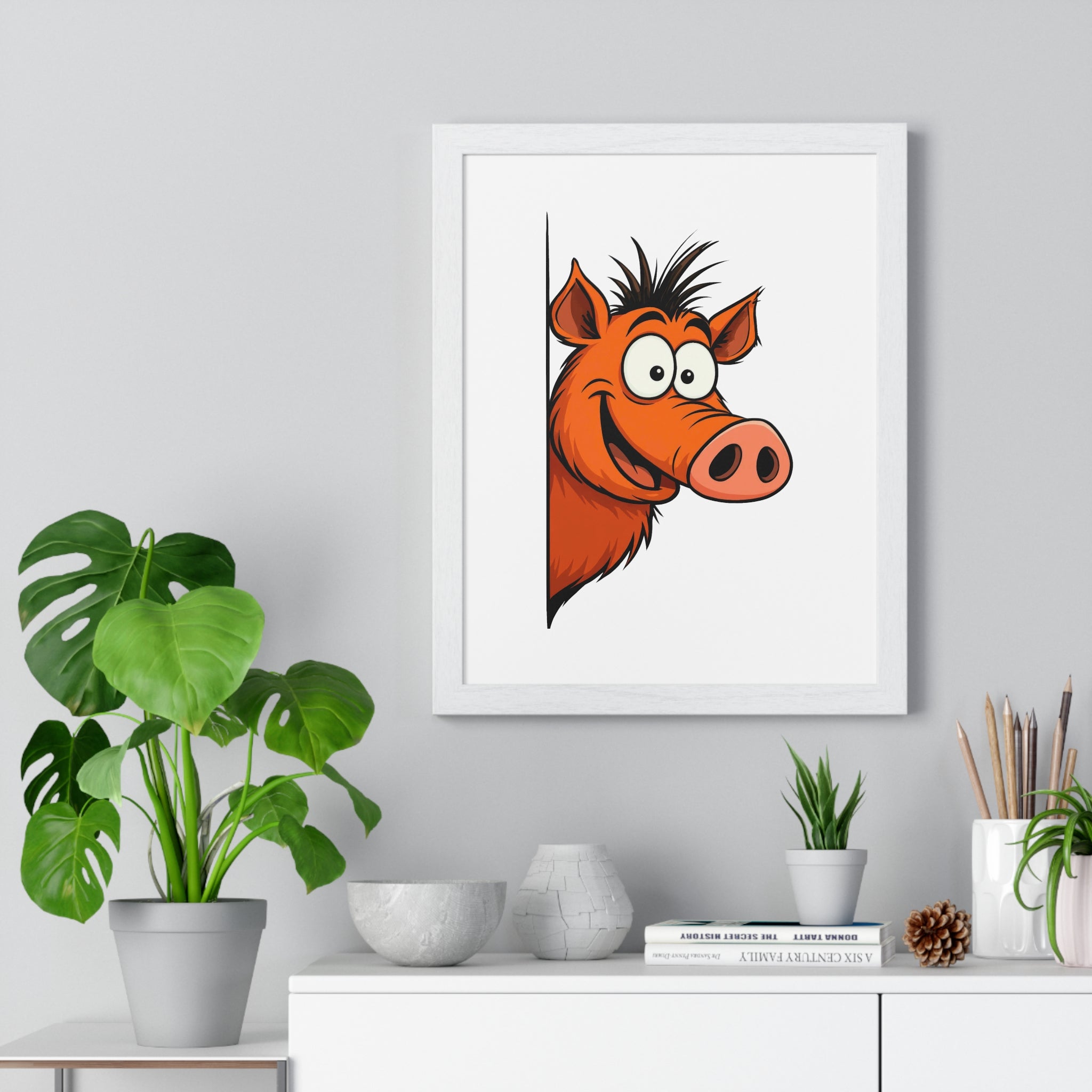 Wooden Frame Wall Decor with Goofy Boar Print