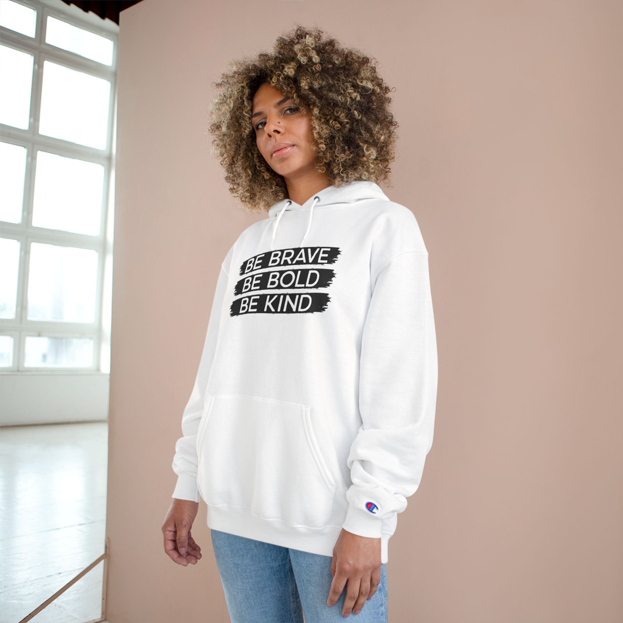 Champion Hoodie - Bold, Brave, Kind Minimalist Hand Sign Print