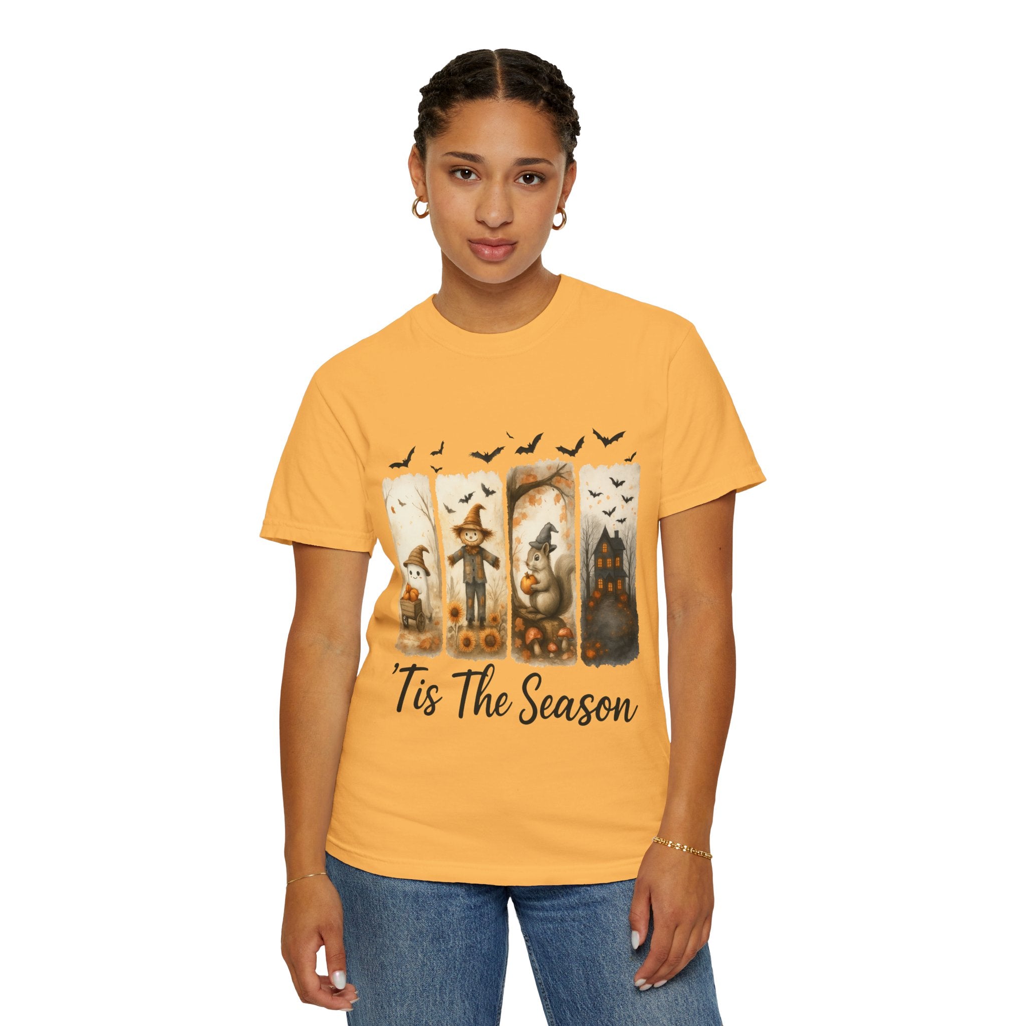 Tis The Season Fall Halloween T-Shirt – Cute Ghost, Scarecrow, Squirrel & Haunted House Design
