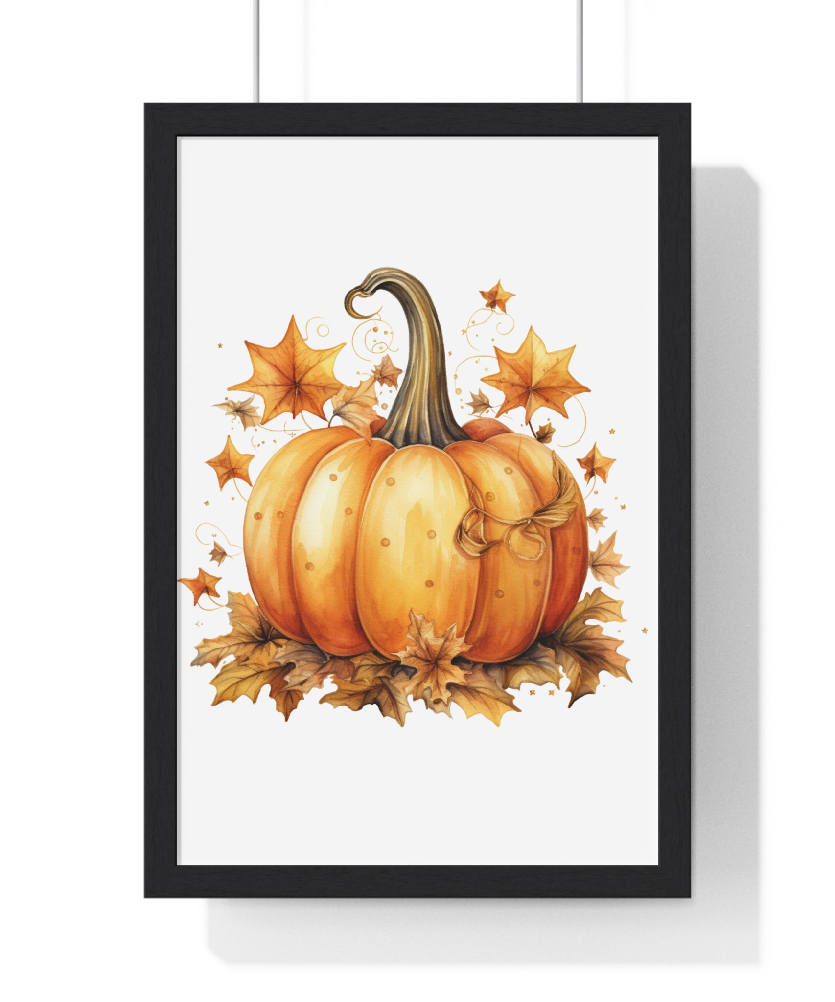 Decorative Autumn Pumpkin Wall Art – Bow-Tied Harvest Poster with Leaves & Swirls | Wooden Frame Fall Decor