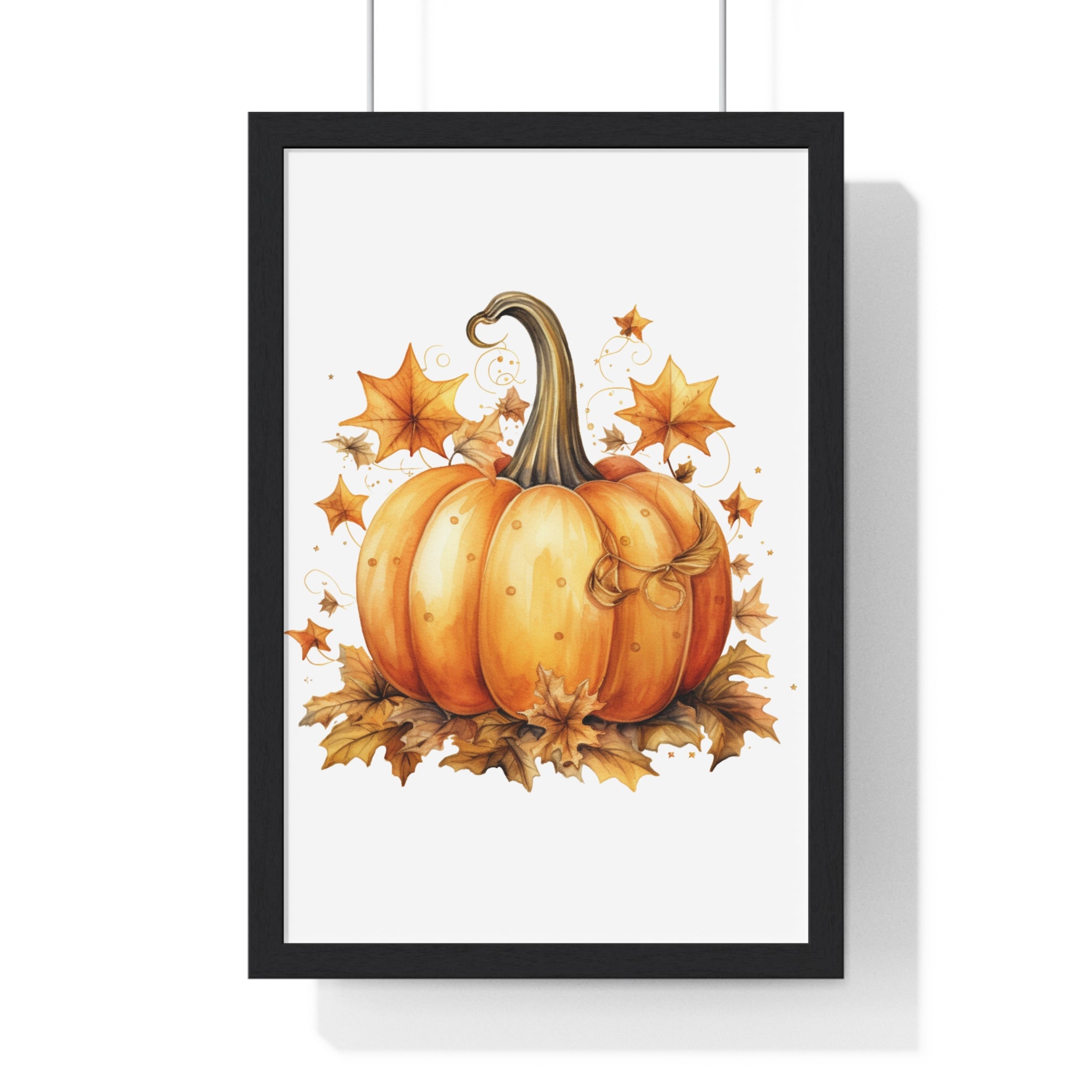 Decorative Autumn Pumpkin Wall Art – Bow-Tied Harvest Poster with Leaves & Swirls | Wooden Frame Fall Decor