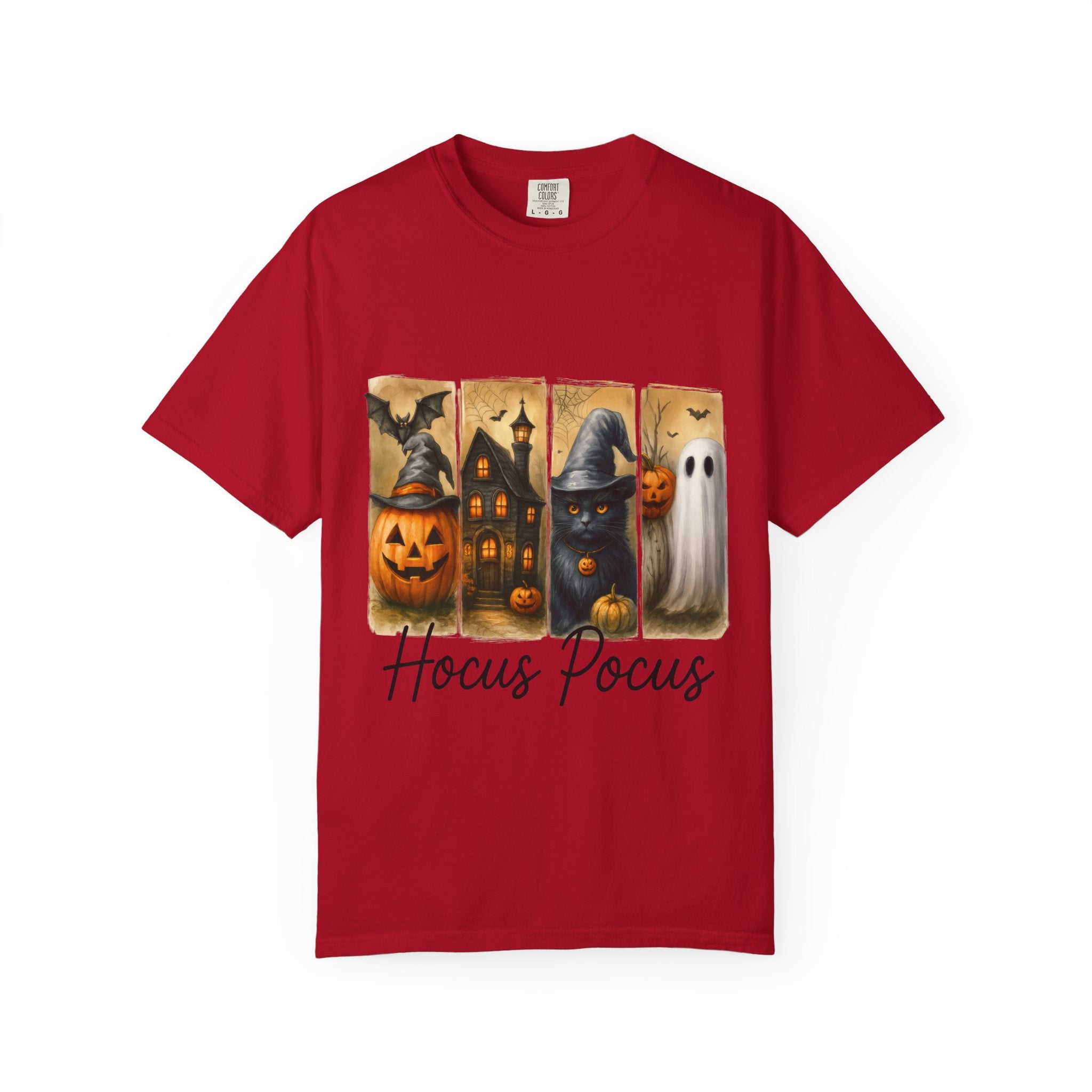 Hocus Pocus Halloween Unisex T-Shirt – Witchy Cat, Haunted House, Pumpkin & Ghost Art