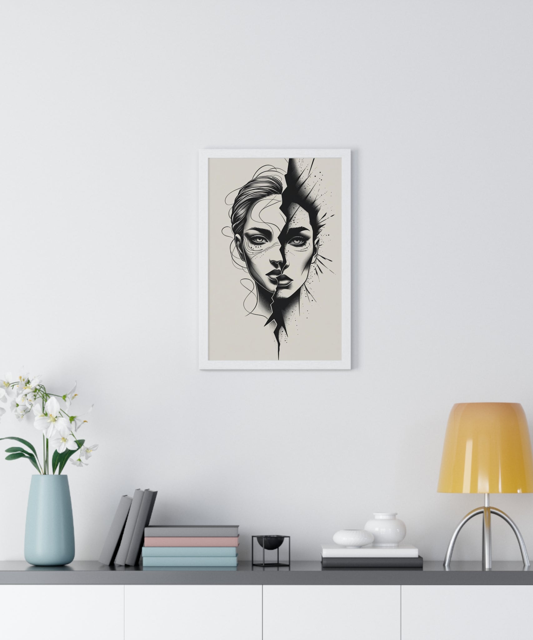 Framed Art Print, Modern Wall Decor, Home Office Gift, Minimalist Split Face Poster, Stylish Artwork - Gallory Hive