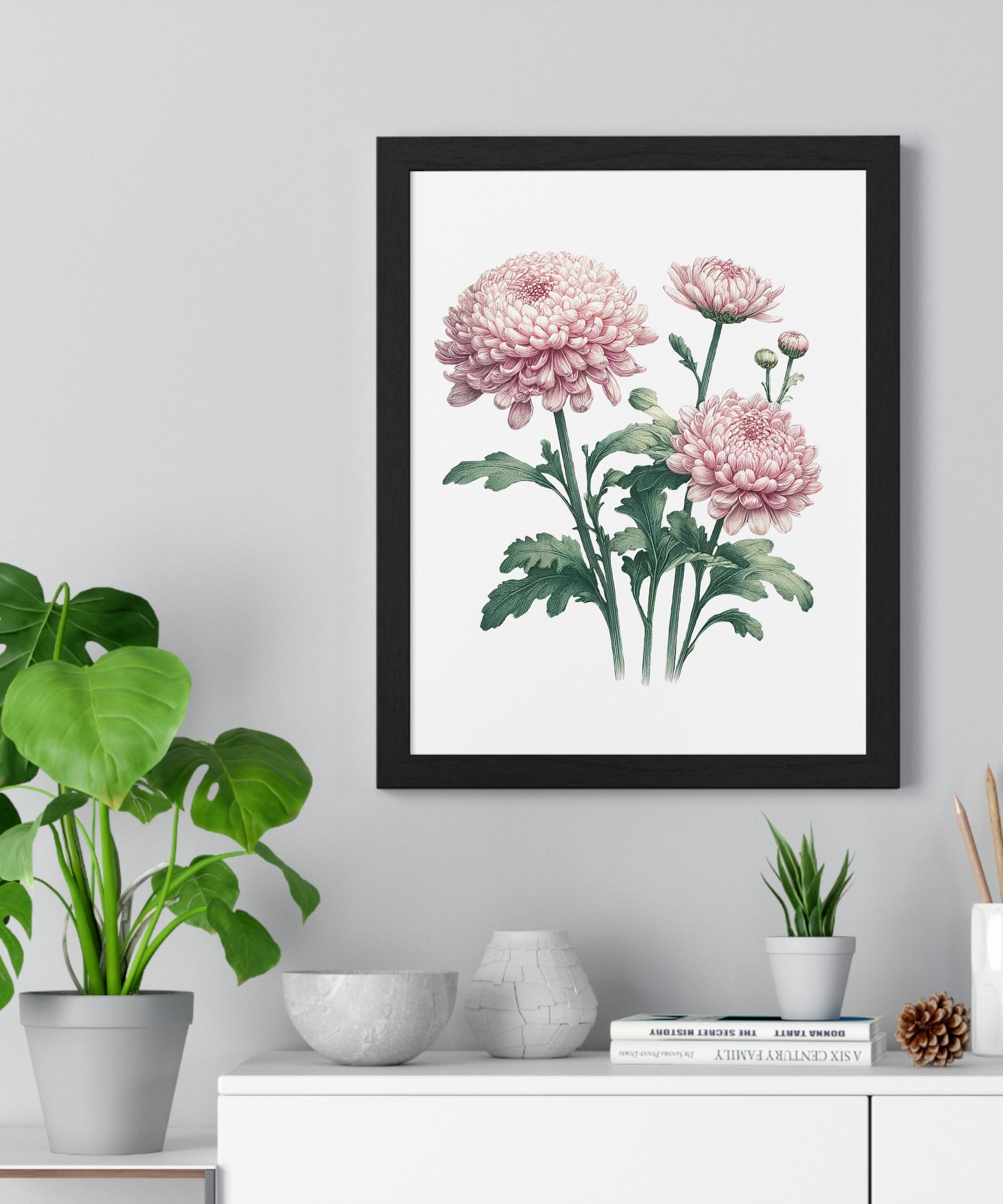 November Birth Month Flower Wall Art – Pink Chrysanthemum Illustration in Wooden Frame | Loyalty, Love & Joy