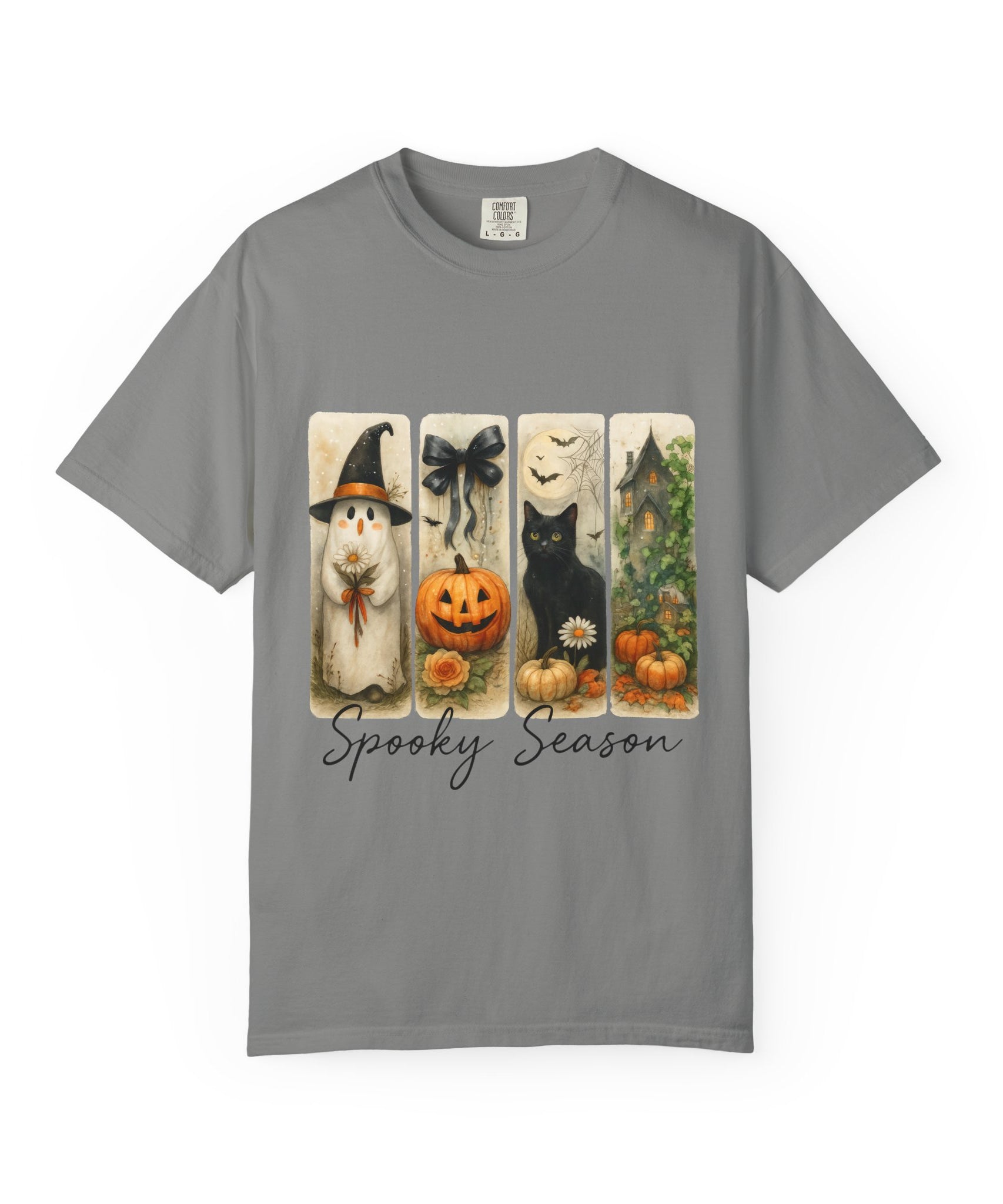 Vintage Halloween Unisex T-Shirt – Cute Ghost, Black Cat, Pumpkin & Haunted House Art - Gallory Hive