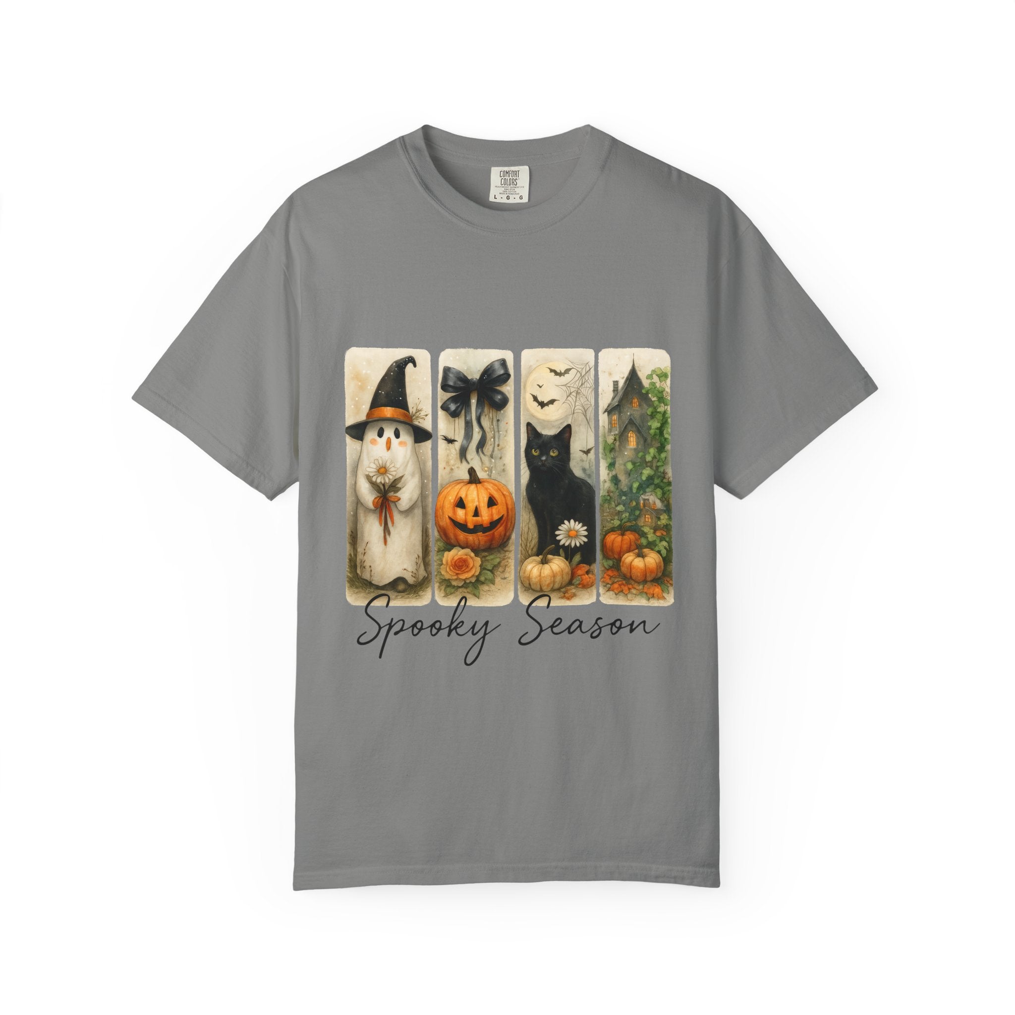 Vintage Halloween Unisex T-Shirt – Cute Ghost, Black Cat, Pumpkin & Haunted House Art