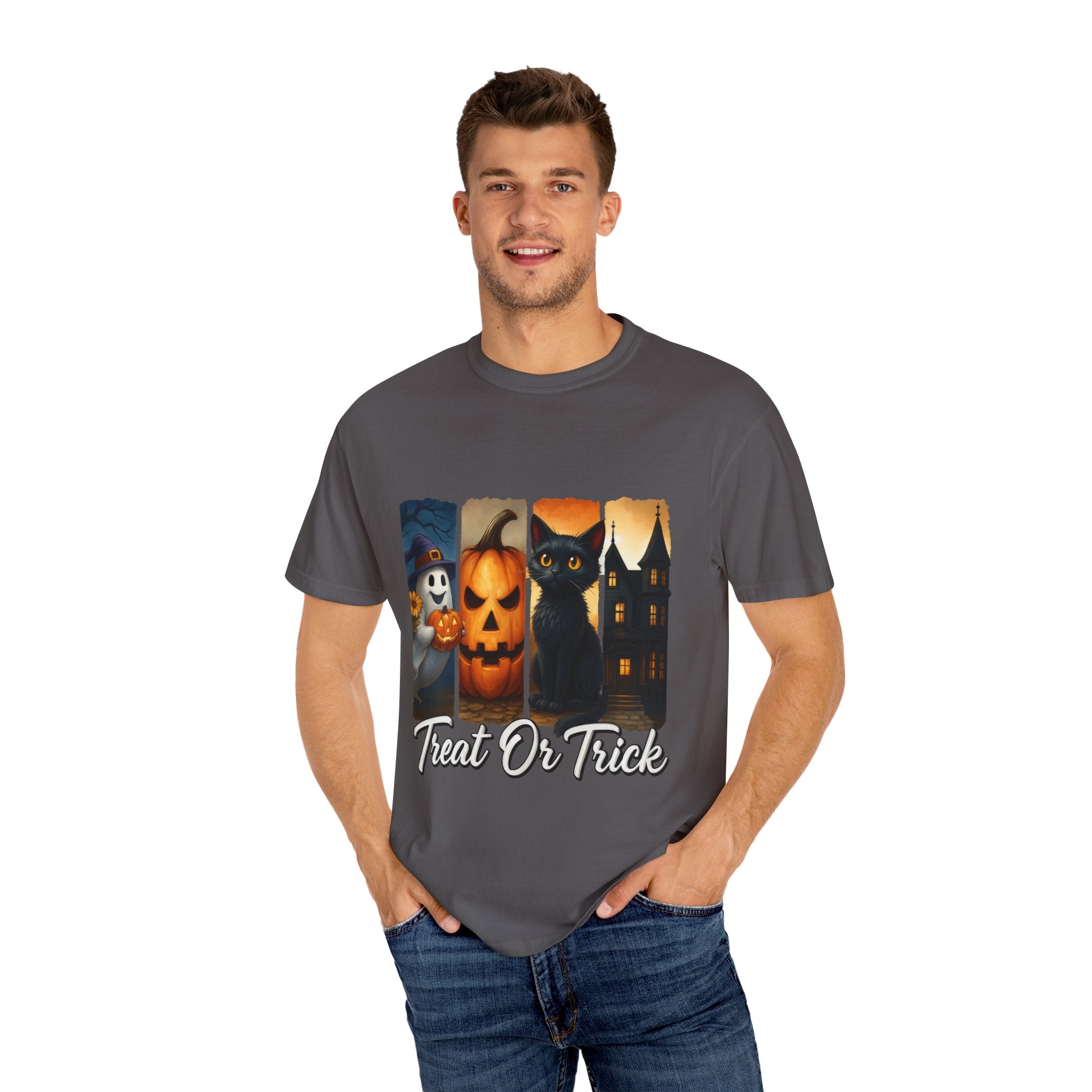 Treat Or Trick Halloween T-Shirt – Cute Ghost, Pumpkin, Black Cat & Haunted House Design