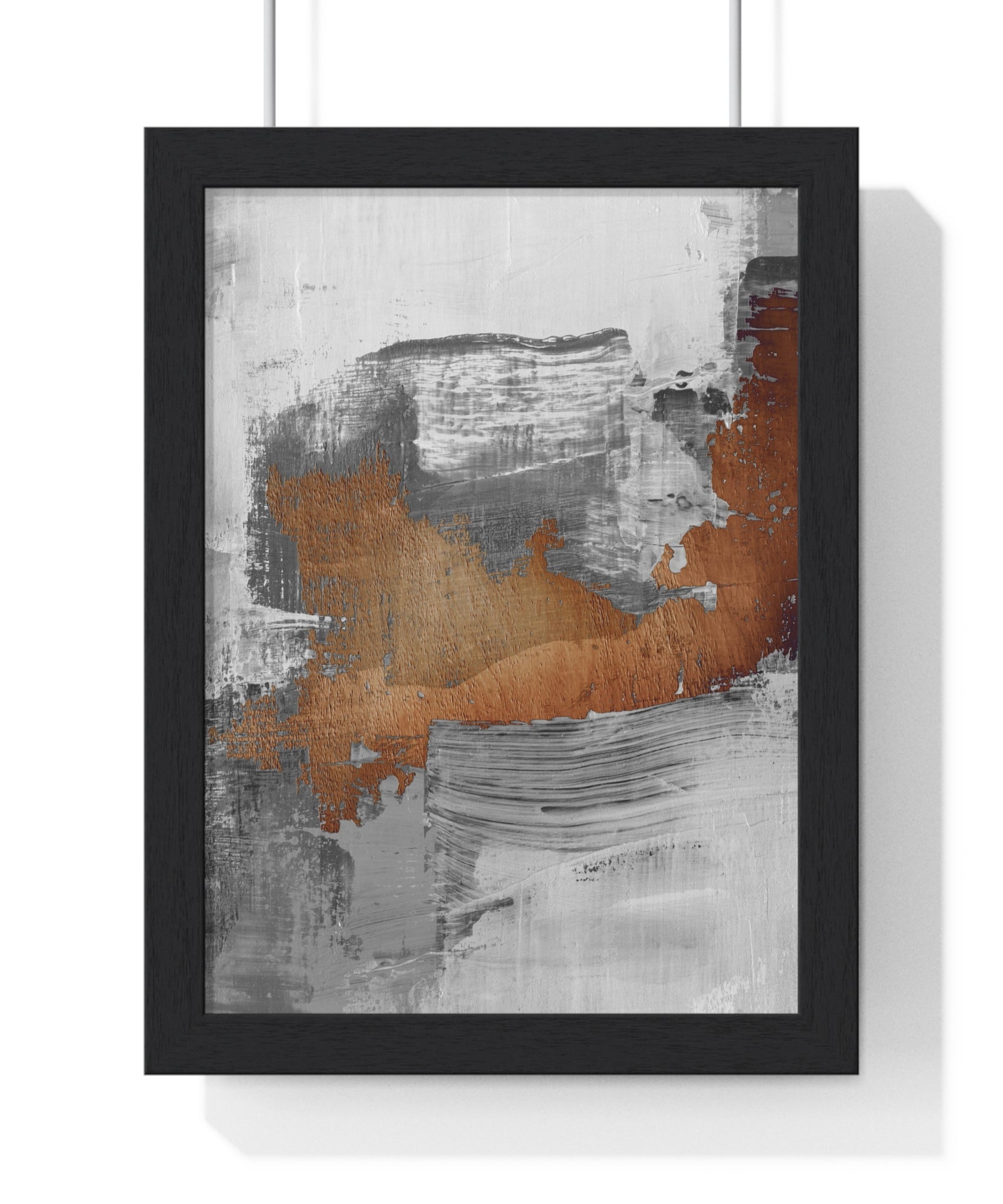 Textured Abstract Wall Art – Grey, Copper & White Modern Brushstroke Poster on Wooden Frame