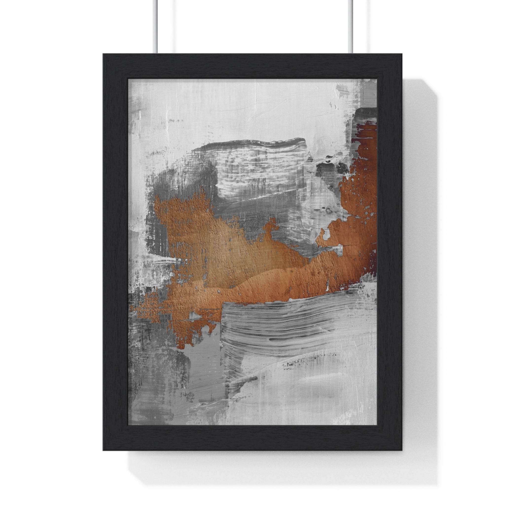 Textured Abstract Wall Art – Grey, Copper & White Modern Brushstroke Poster on Wooden Frame