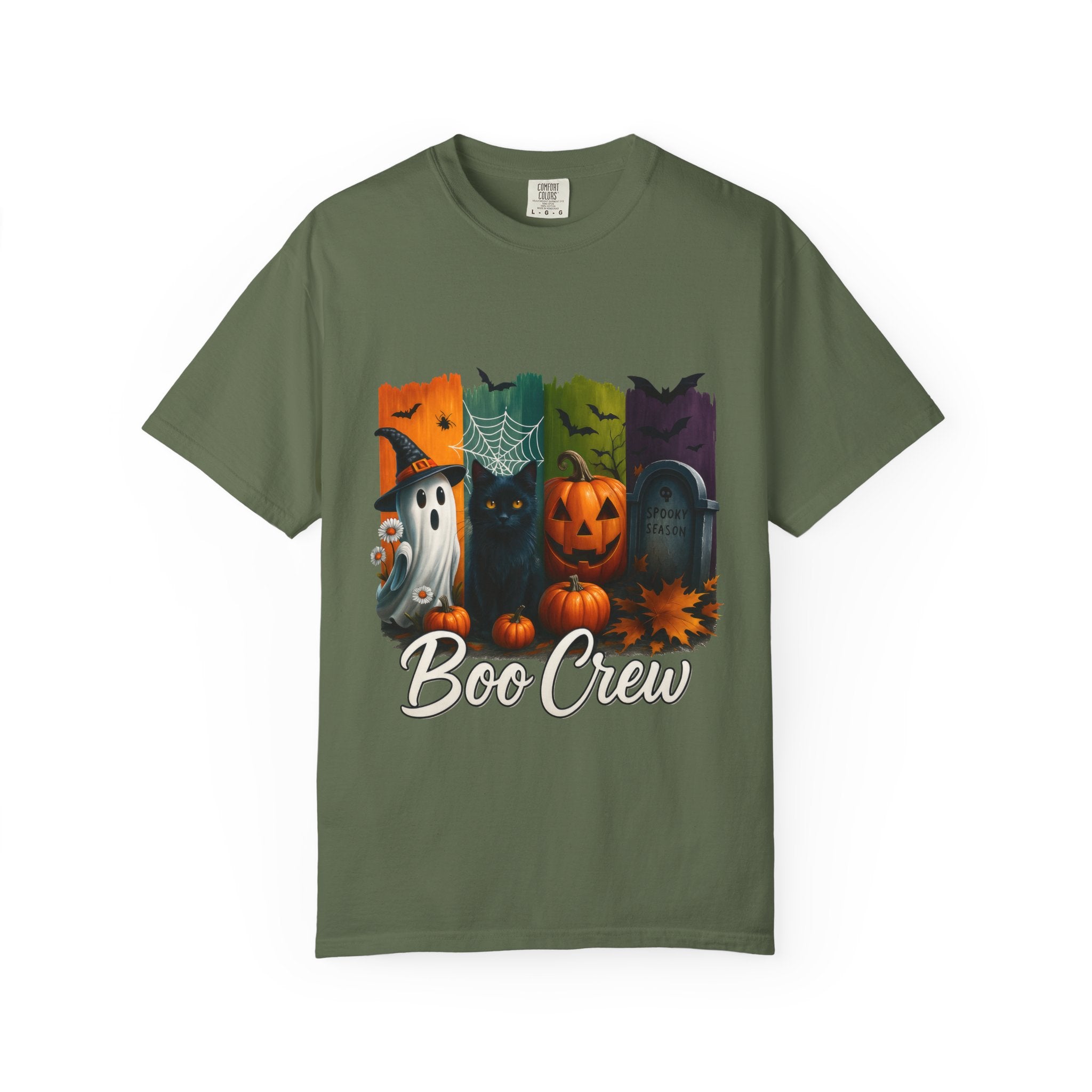 Boo Crew Halloween Unisex T-Shirt – Cute Ghost, Black Cat, Pumpkin & Tombstone Design