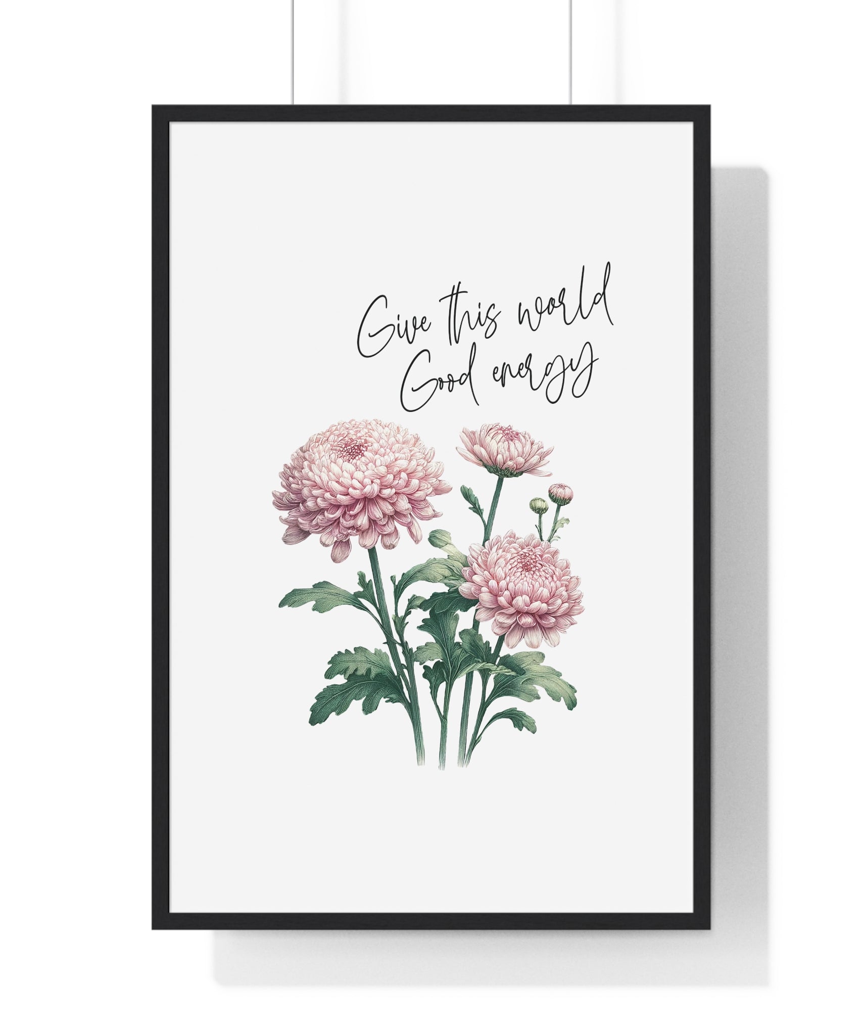 November Birth Month Flower Wall Art – Chrysanthemum Illustration with Inspirational Quote in Wooden Frame | Good Energy & Joy