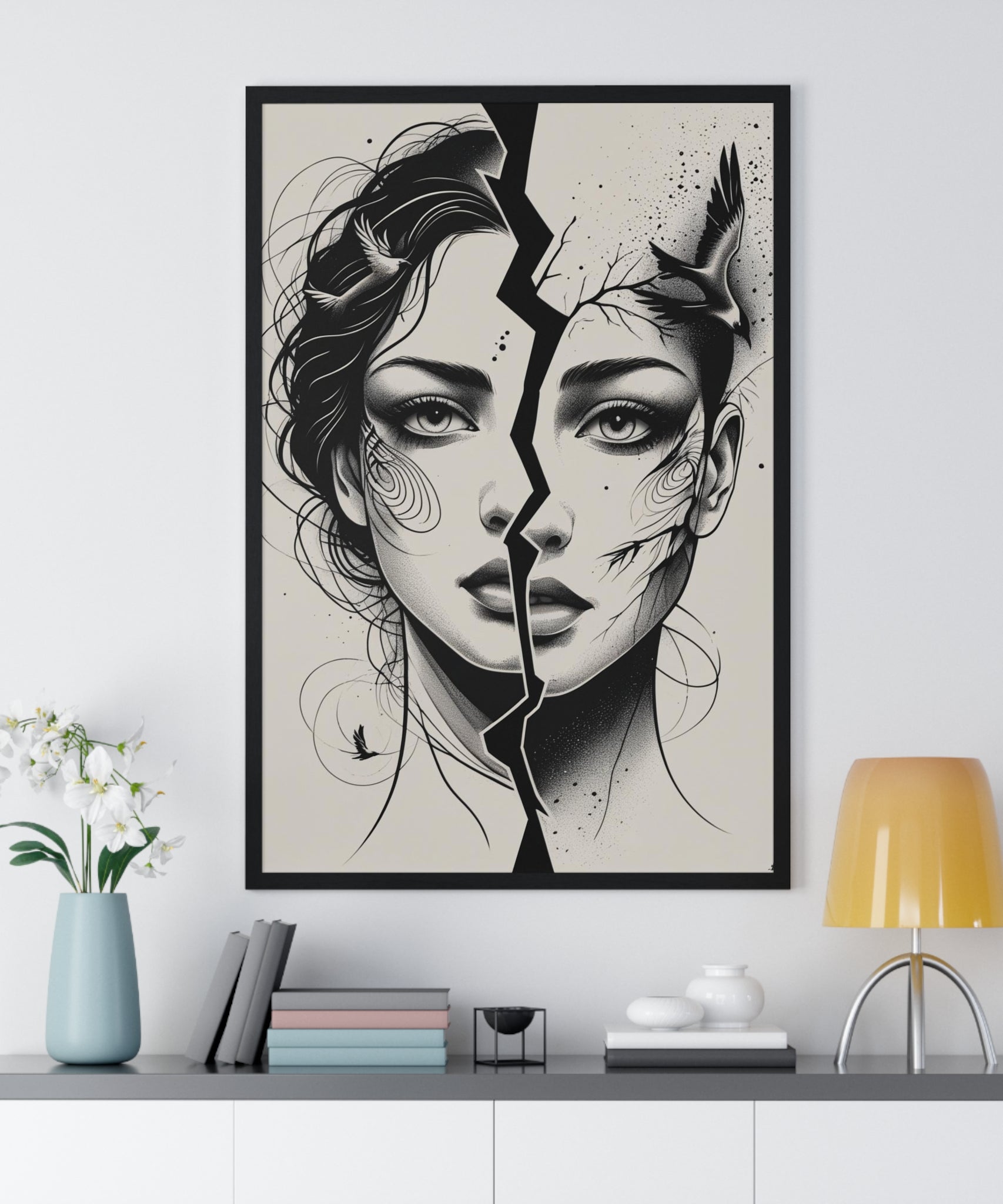 Vertical Framed Poster, Women Split Face Home Decor Art Modern Wall Unique Gift Inspirational Artwork, Wall Hanging Art Print - Gallory Hive