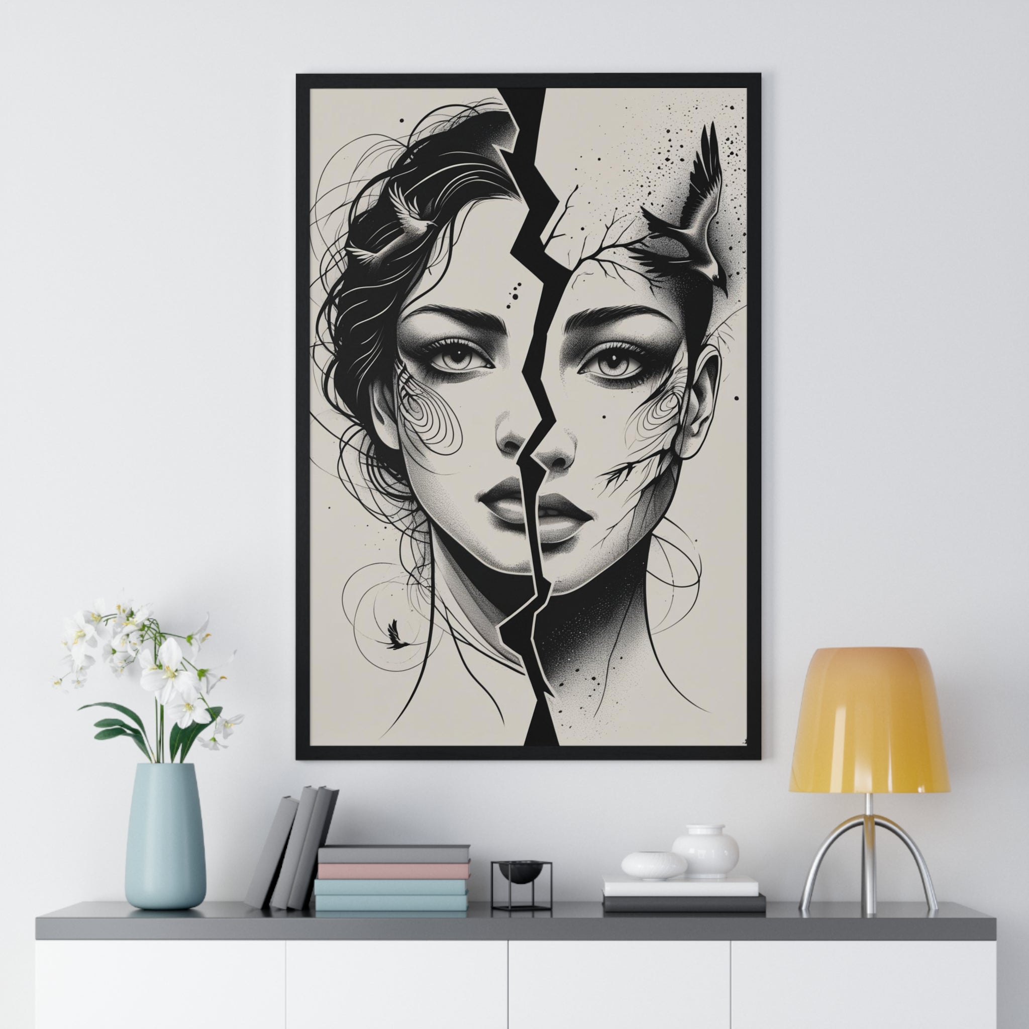 Vertical Framed Poster, Women Split Face Home Decor Art Modern Wall Unique Gift Inspirational Artwork, Wall Hanging Art Print