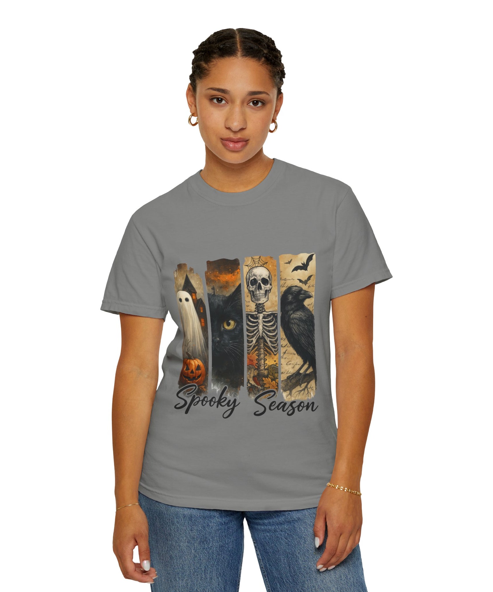 Spooky Season Gothic Halloween T-Shirt – Ghost, Black Cat, Skeleton & Raven Design - Gallory Hive