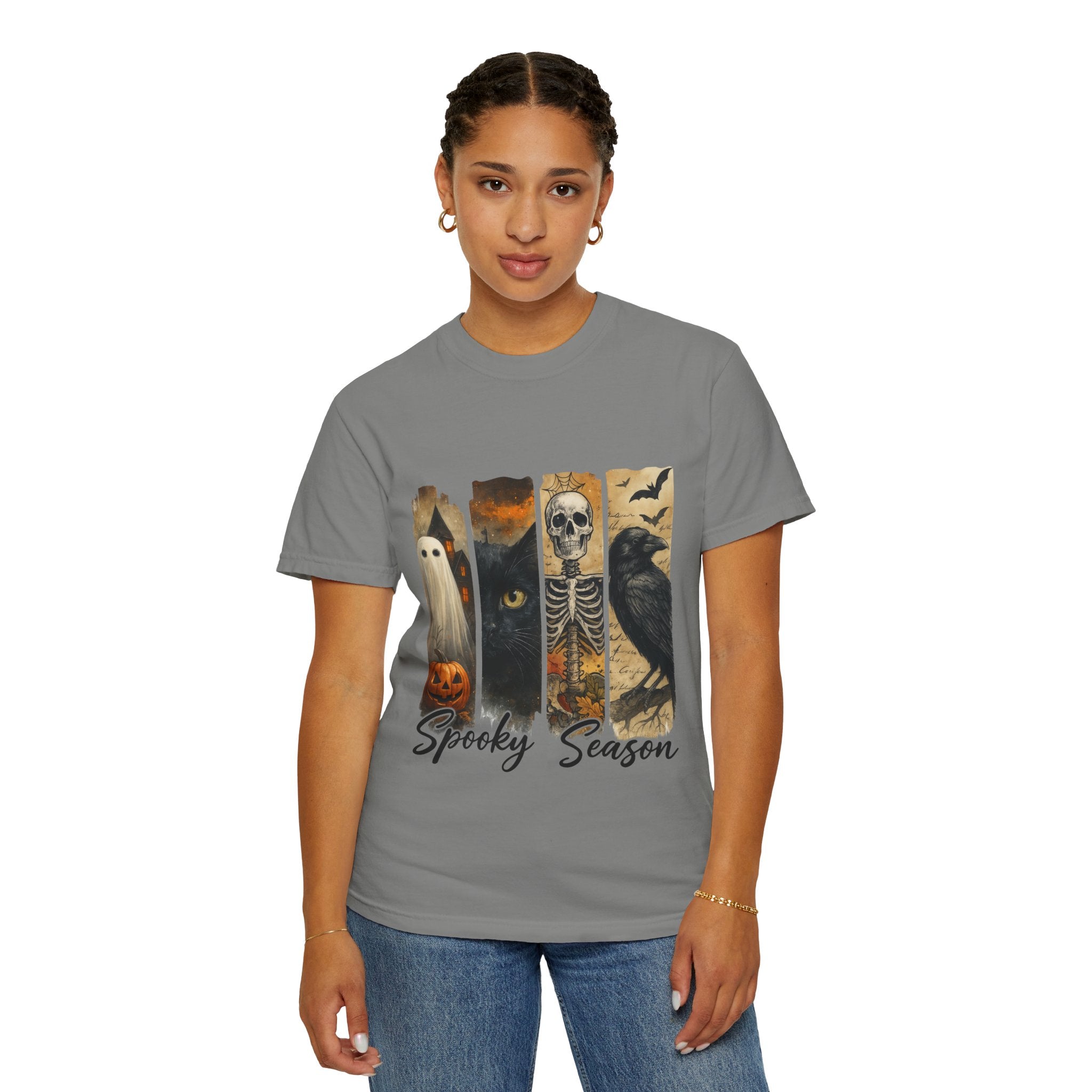 Spooky Season Gothic Halloween T-Shirt – Ghost, Black Cat, Skeleton & Raven Design