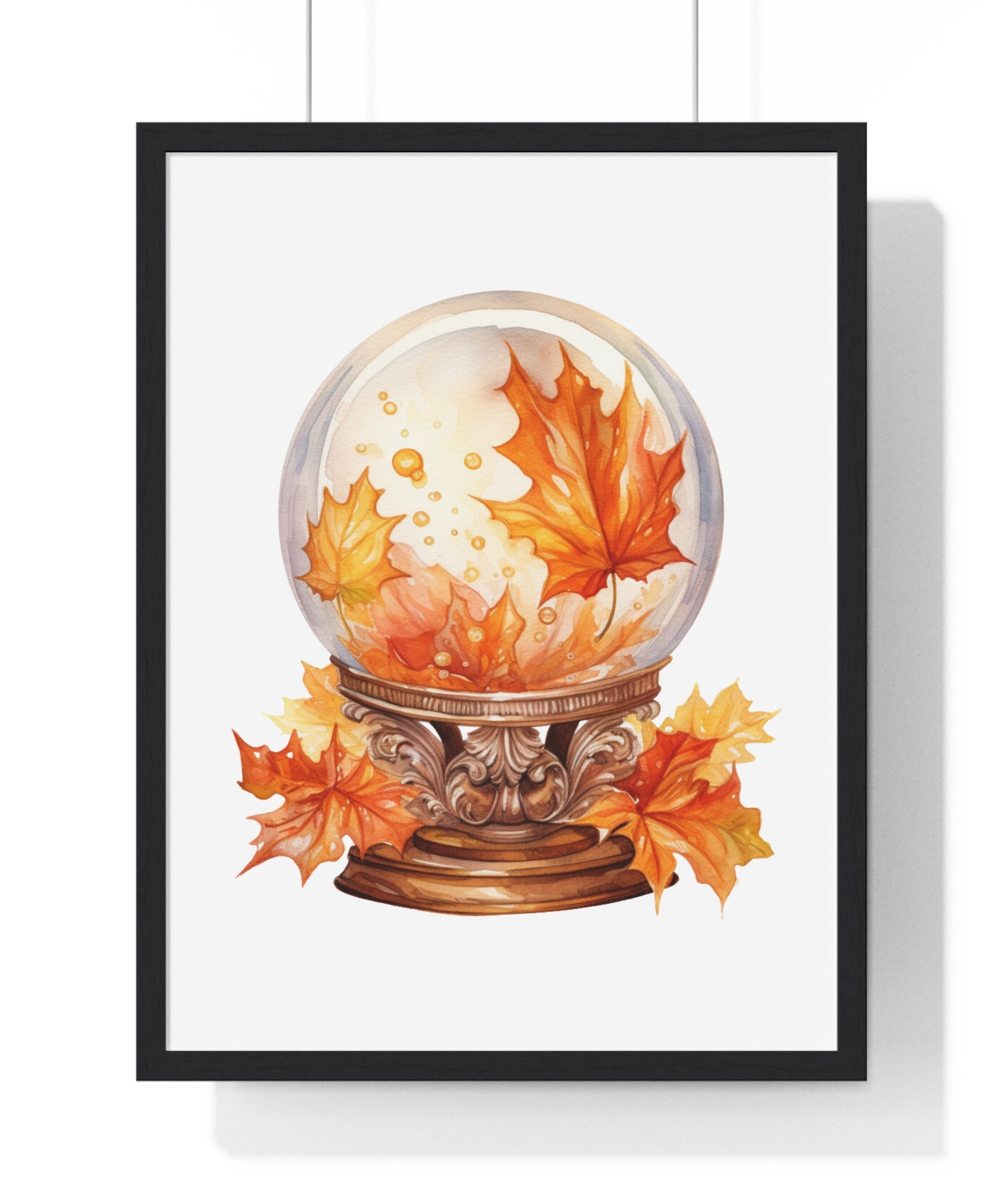 Floating Leaves Snow Globe Wall Art – Ornate Autumn Fantasy Poster | Wooden Frame Seasonal Home Decor
