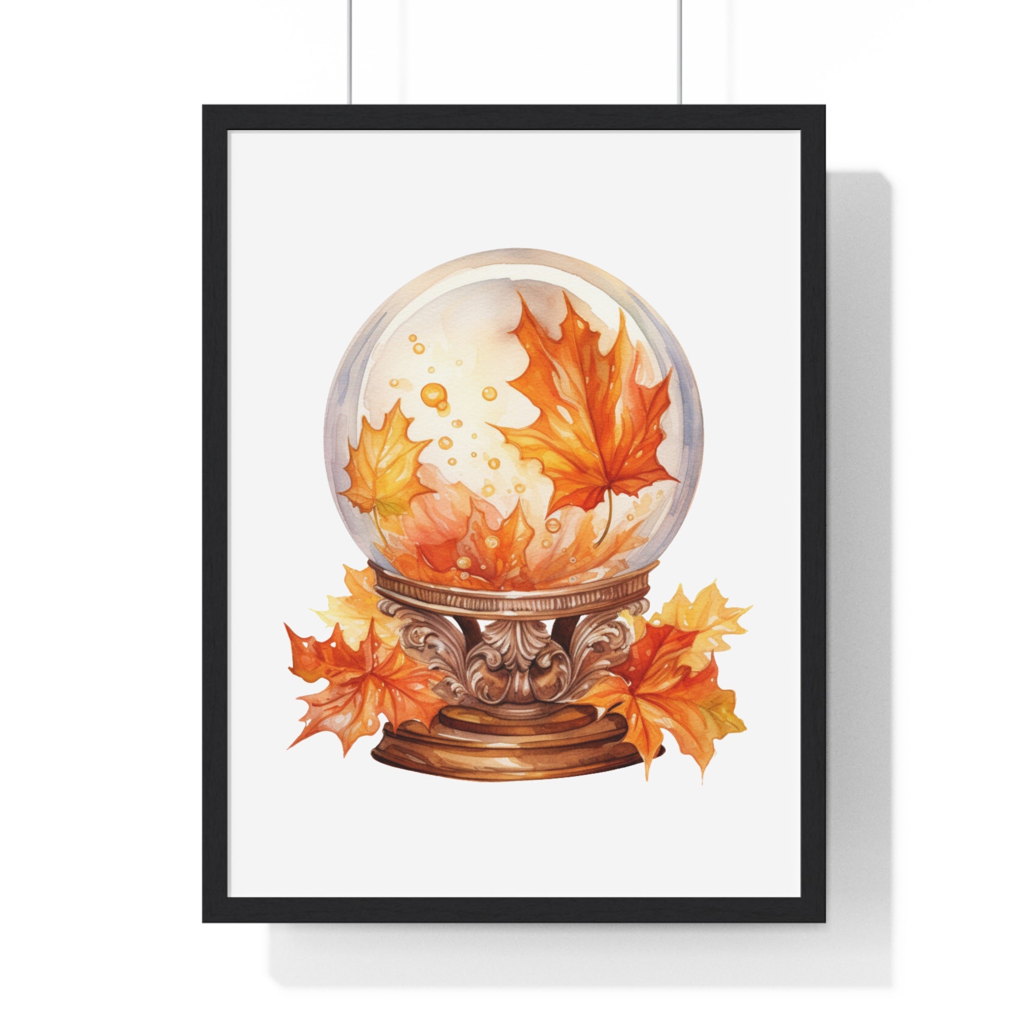 Floating Leaves Snow Globe Wall Art – Ornate Autumn Fantasy Poster | Wooden Frame Seasonal Home Decor
