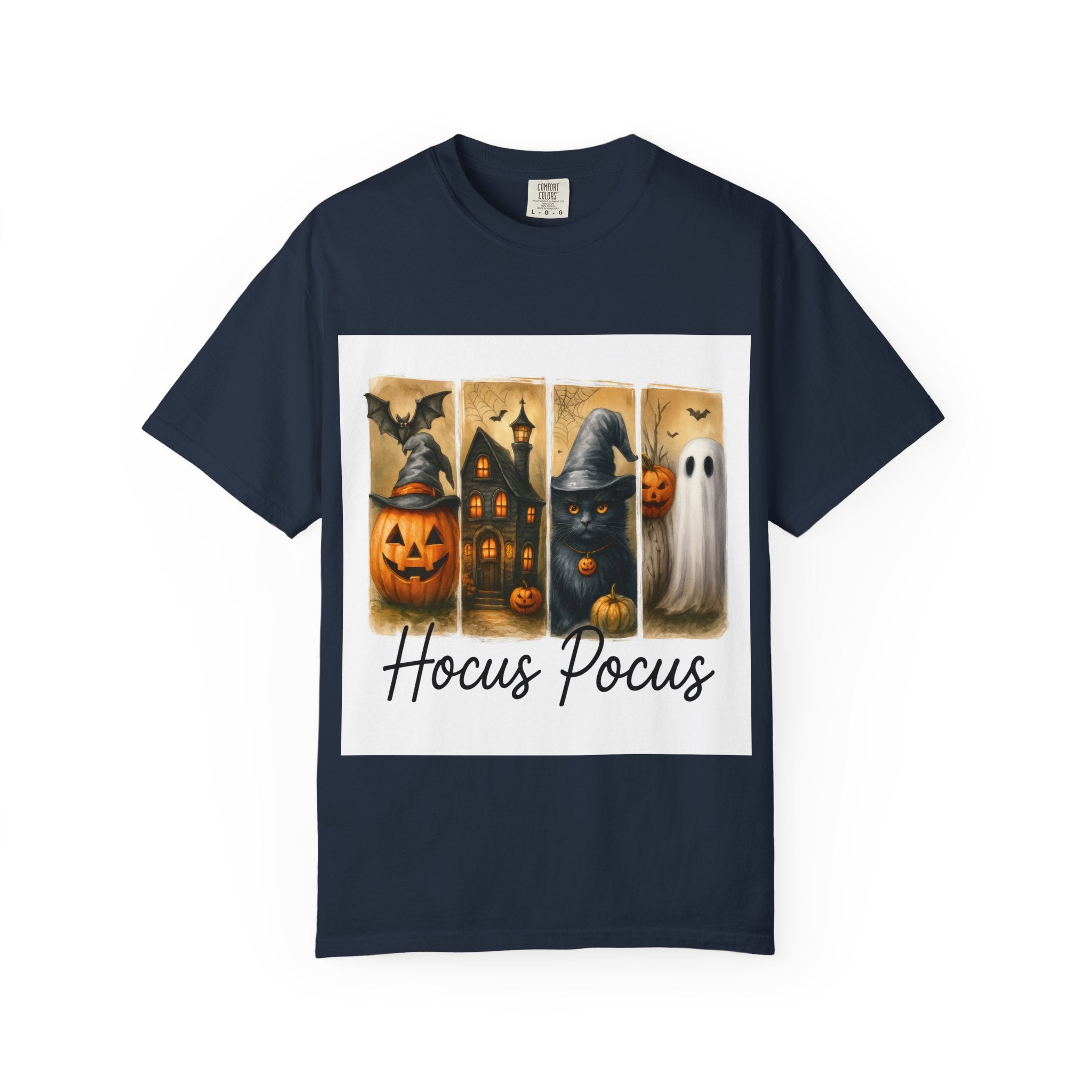 Hocus Pocus Halloween Unisex T-Shirt – Witchy Cat, Haunted House, Pumpkin & Ghost Art