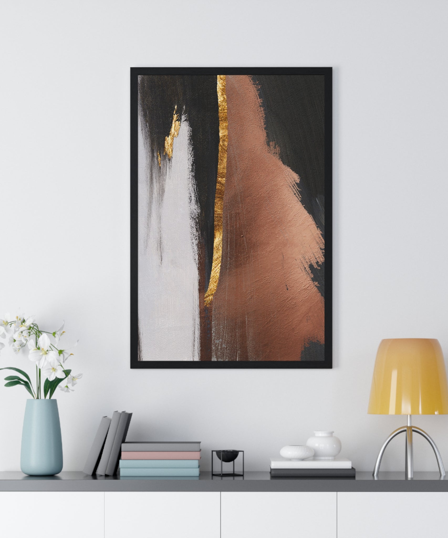 Modern Abstract Wall Art – Bold Black, Copper & Gold Textured Poster on Wooden Frame – Luxury Canvas Print for Home or Office