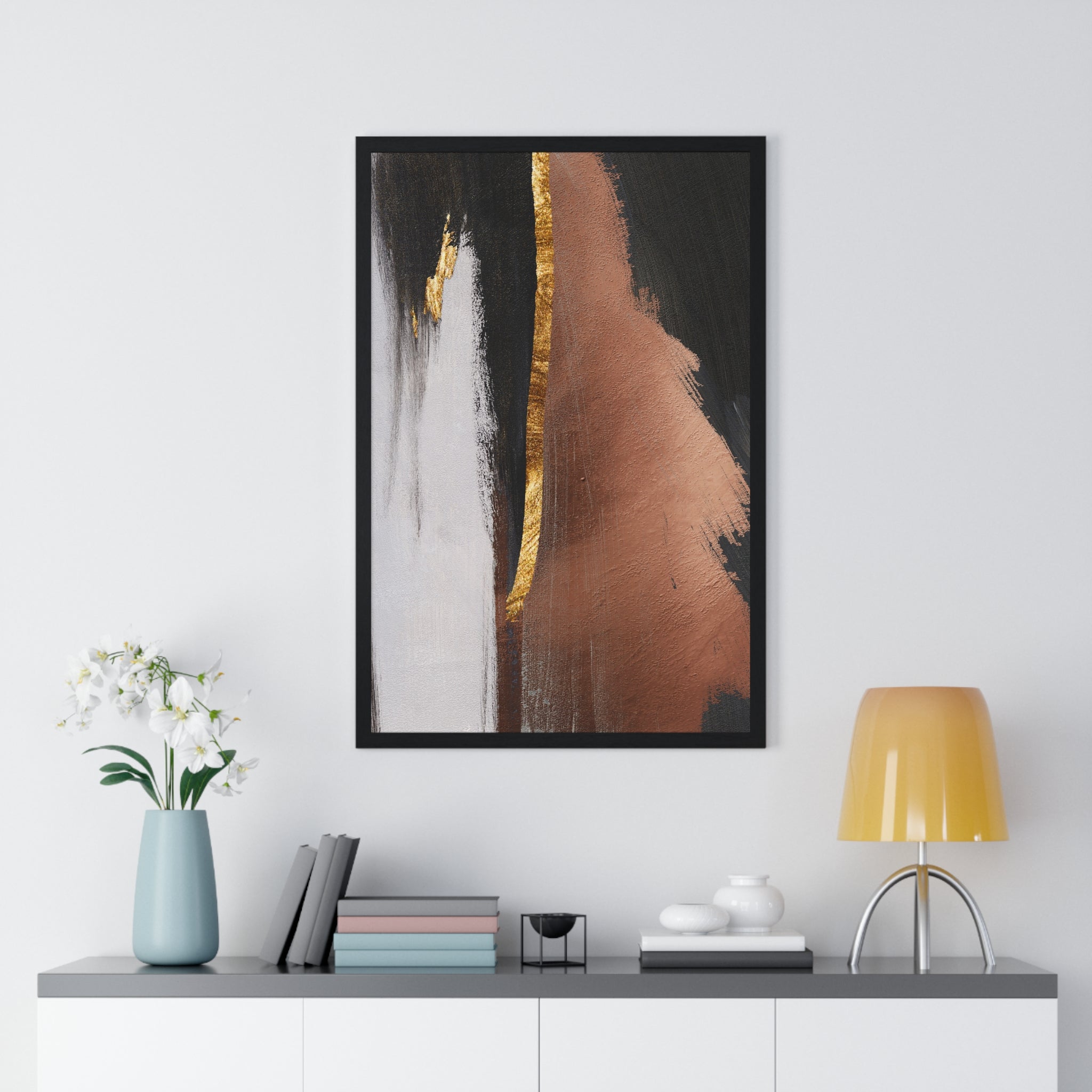Modern Abstract Wall Art – Bold Black, Copper & Gold Textured Poster on Wooden Frame – Luxury Canvas Print for Home or Office