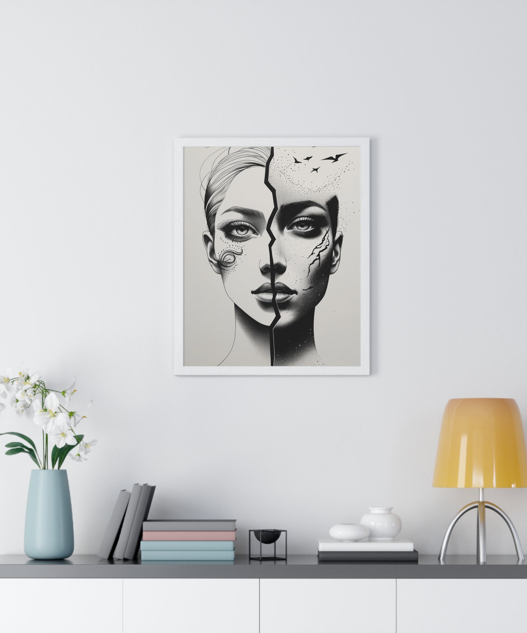 Vertical Framed Poster, Artistic Split Face Poster, Abstract Wall Art, Modern Home Decor, Unique Gift for Art Lovers, Stylish Room - Gallory Hive