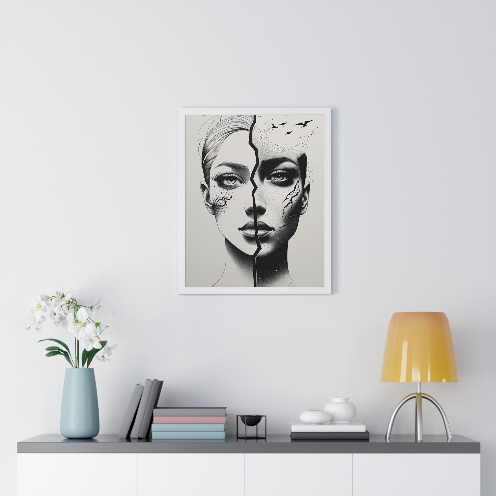 Vertical Framed Poster, Artistic Split Face Poster, Abstract Wall Art, Modern Home Decor, Unique Gift for Art Lovers, Stylish Room