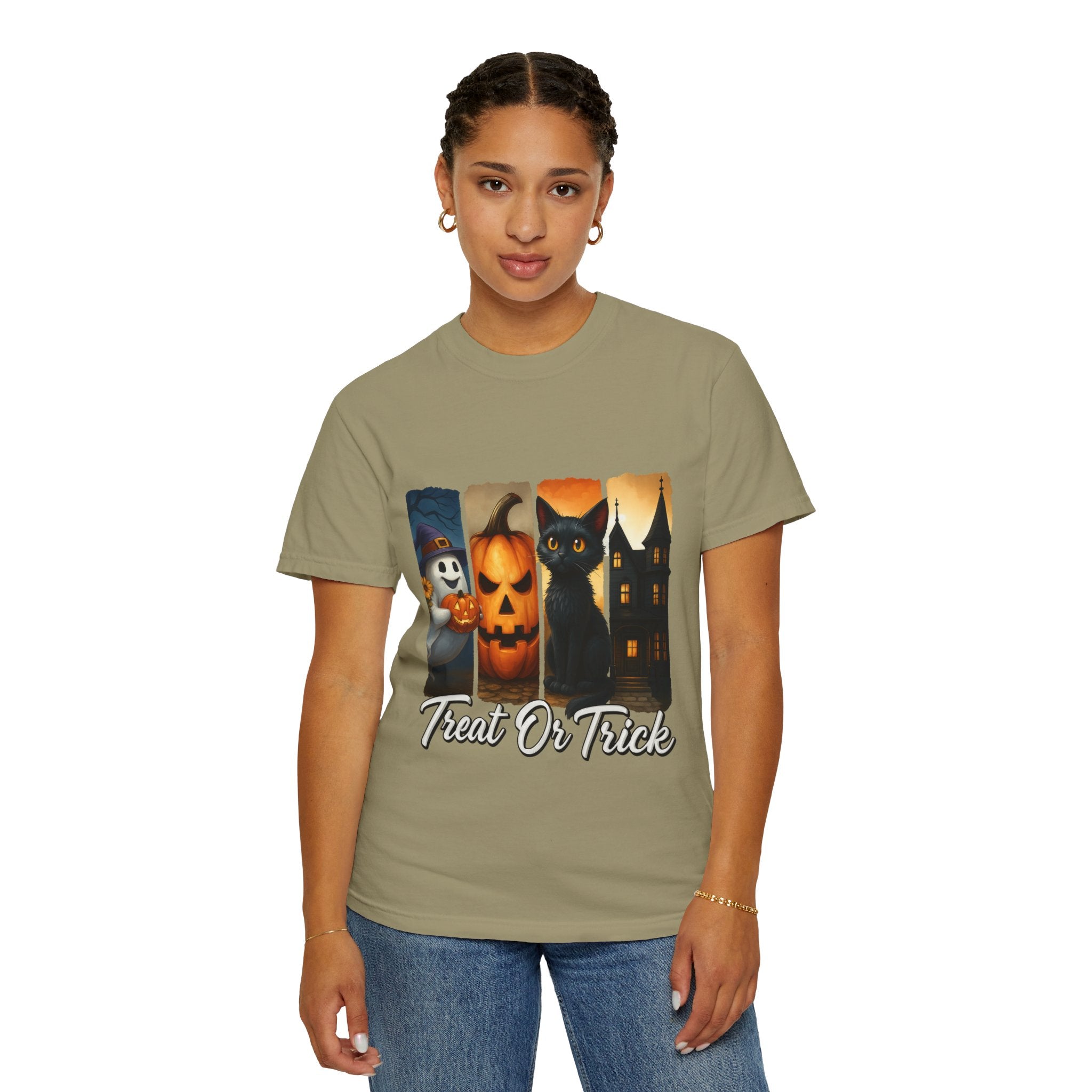 Treat Or Trick Halloween T-Shirt – Cute Ghost, Pumpkin, Black Cat & Haunted House Design