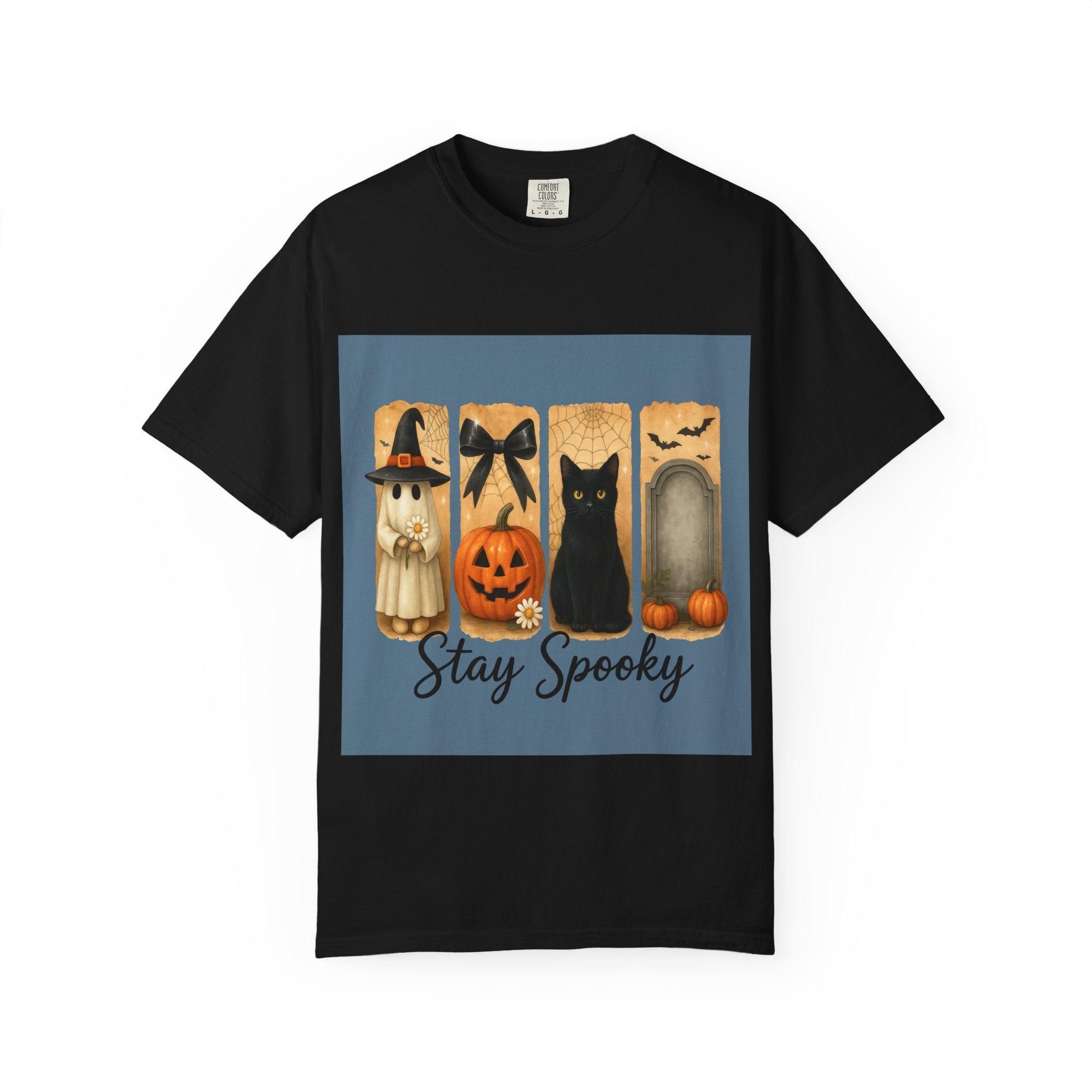 Cute Halloween T-Shirt – Ghost in Witch Hat, Pumpkin, Black Cat & Tombstone Design - Gallory Hive