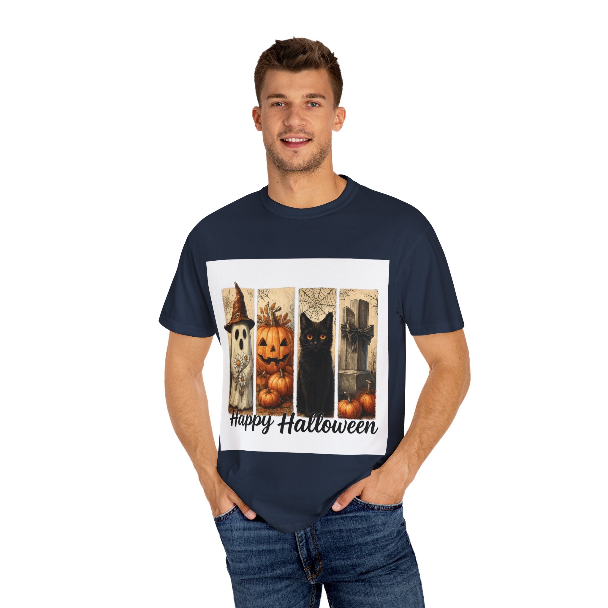 Happy Halloween Unisex T-Shirt – Ghost, Black Cat & Pumpkin Graphic Tee