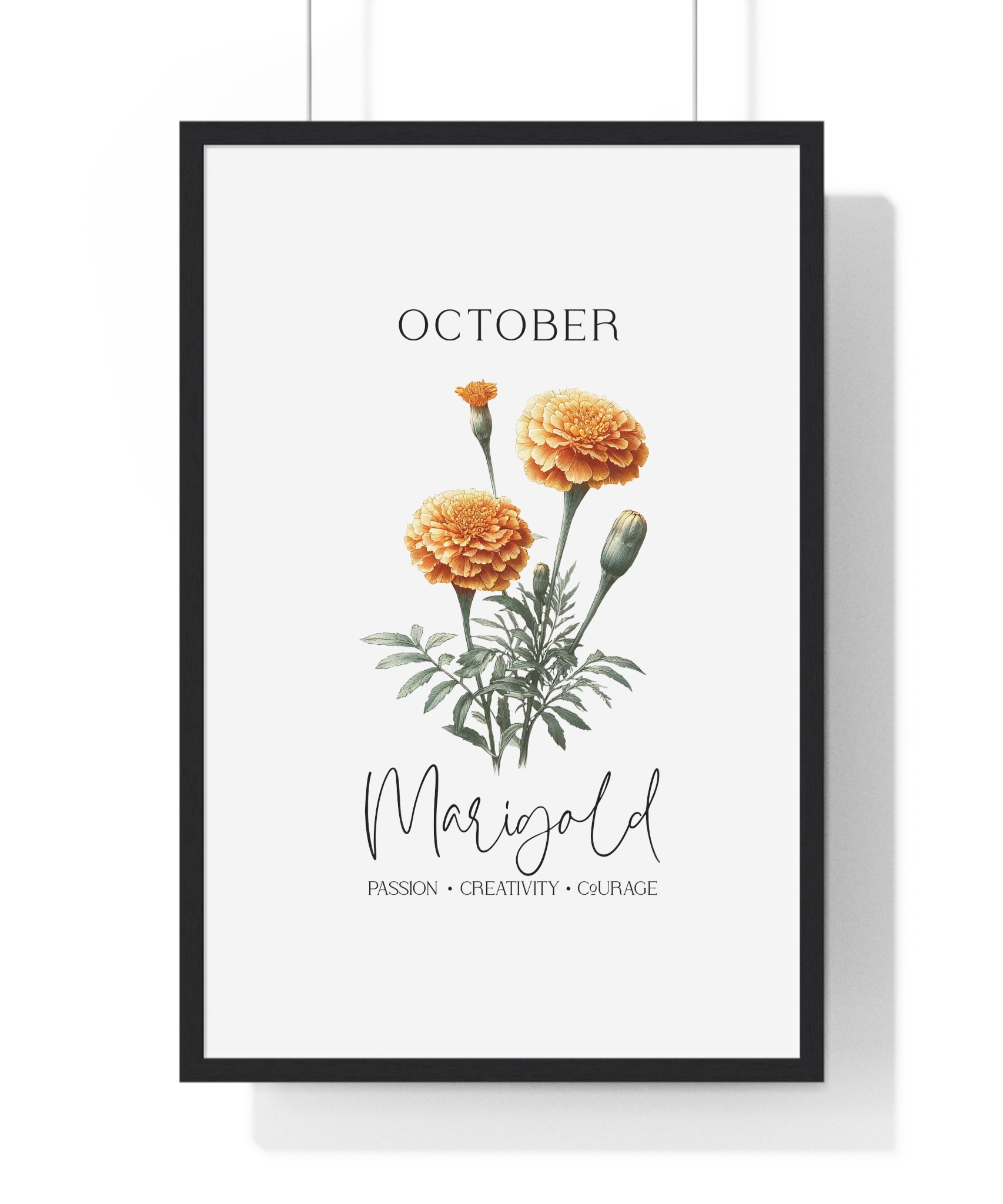 October Birth Month Flower Wall Art – Marigold Illustration in Wooden Frame | Passion, Creativity & Courage