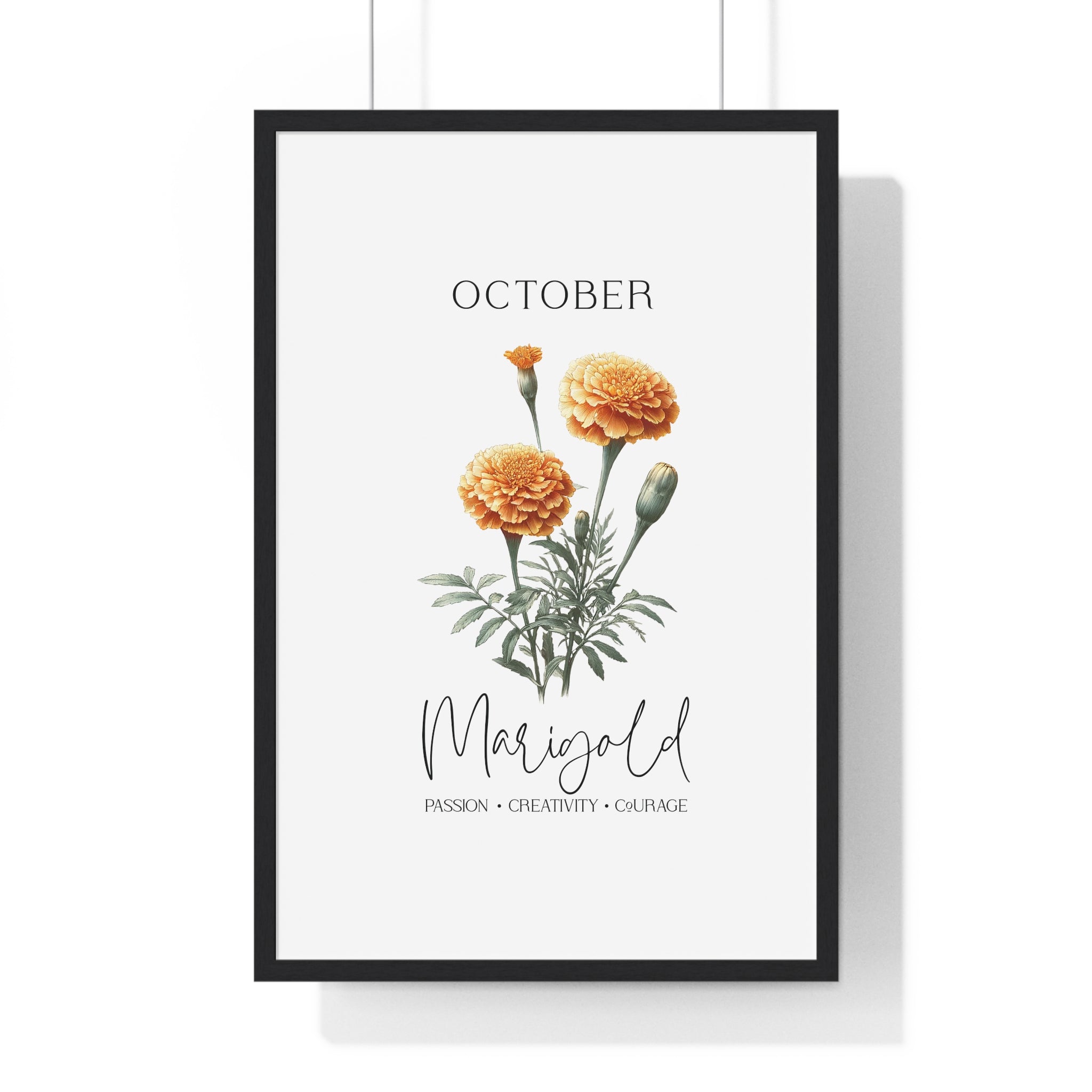 October Birth Month Flower Wall Art – Marigold Illustration in Wooden Frame | Passion, Creativity & Courage