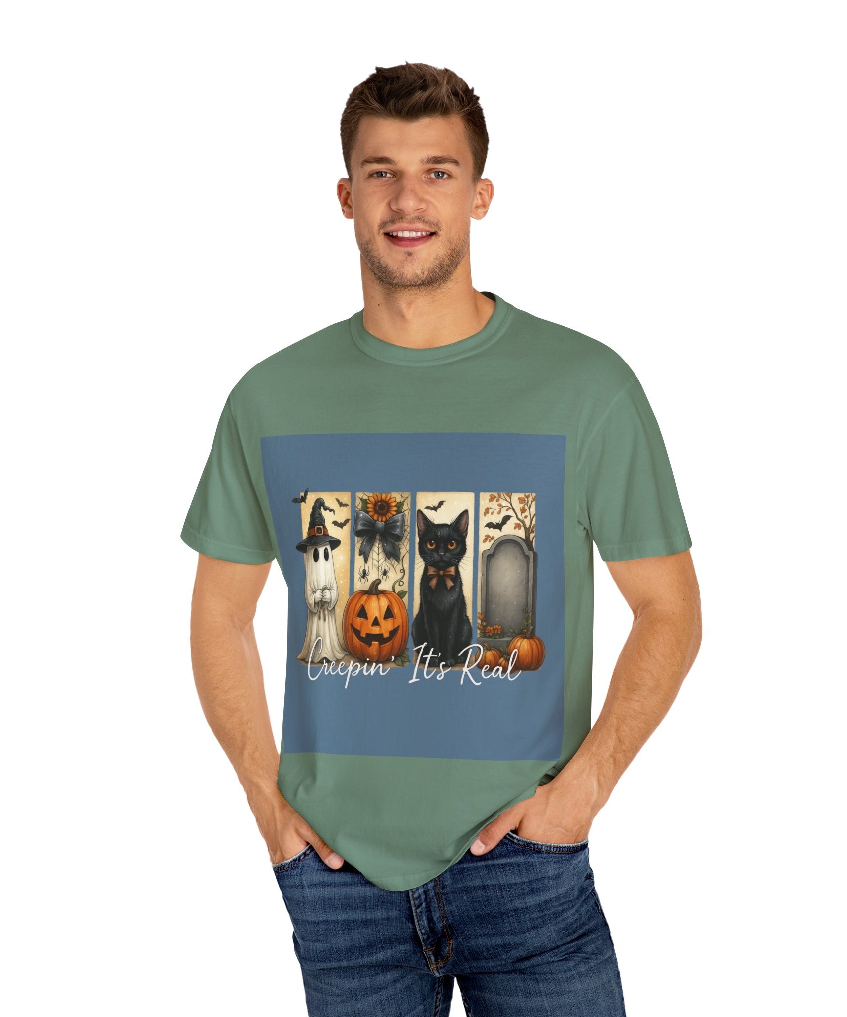 Creepin’ It’s Real Halloween T-Shirt – Cute Ghost, Pumpkin, Black Cat & Tombstone Design - Gallory Hive