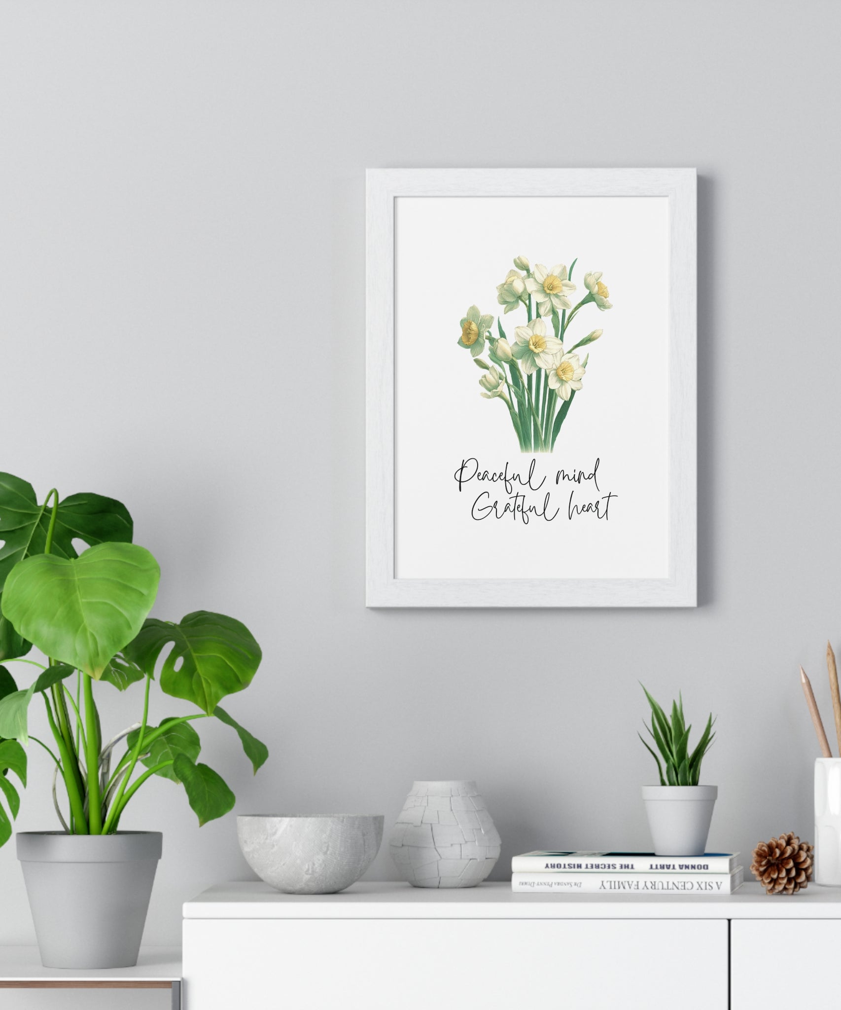 December Birth Month Flower Wall Art – Narcissus Illustration with Inspirational Quote in Wooden Frame | Peaceful Mind & Grateful Heart