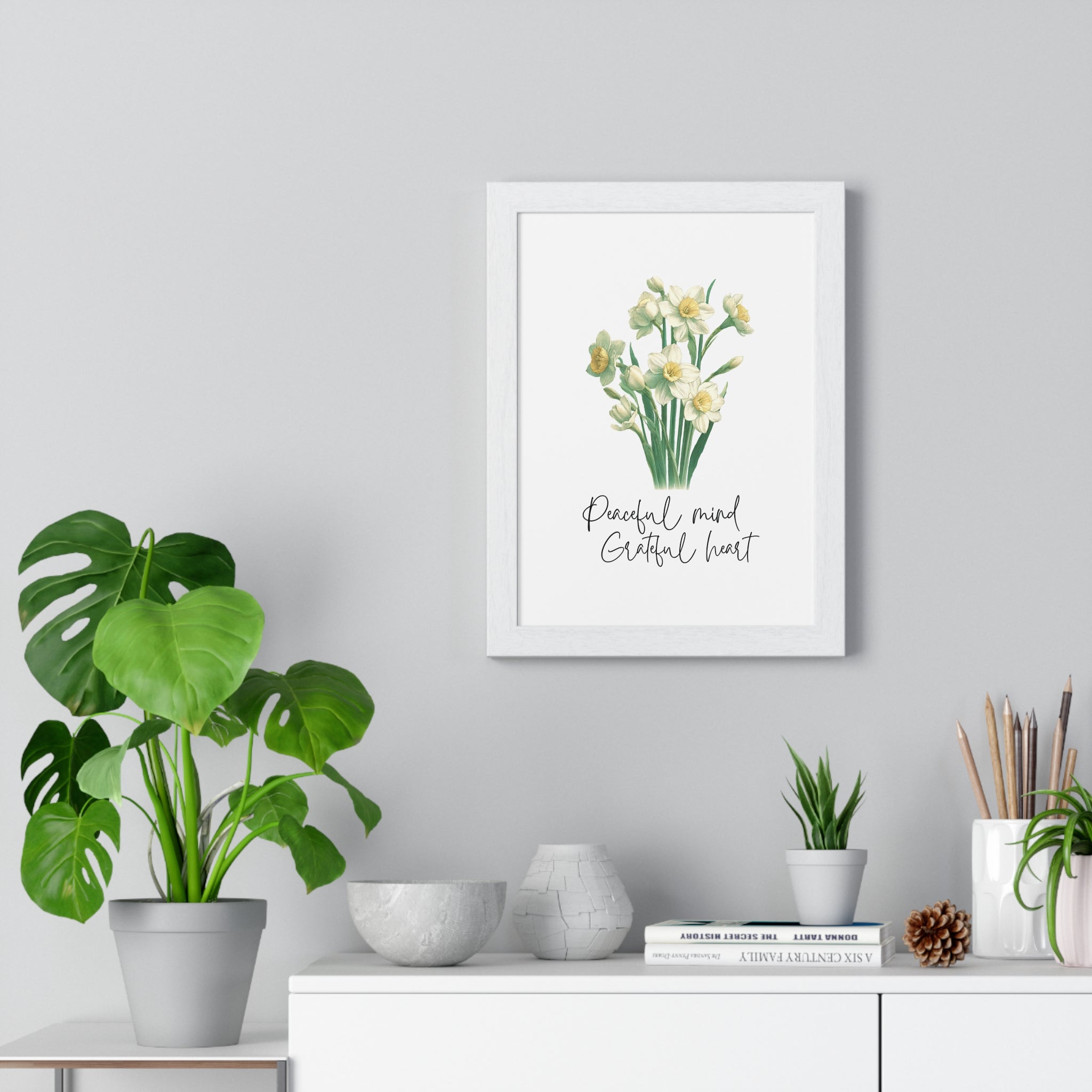 December Birth Month Flower Wall Art – Narcissus Illustration with Inspirational Quote in Wooden Frame | Peaceful Mind & Grateful Heart