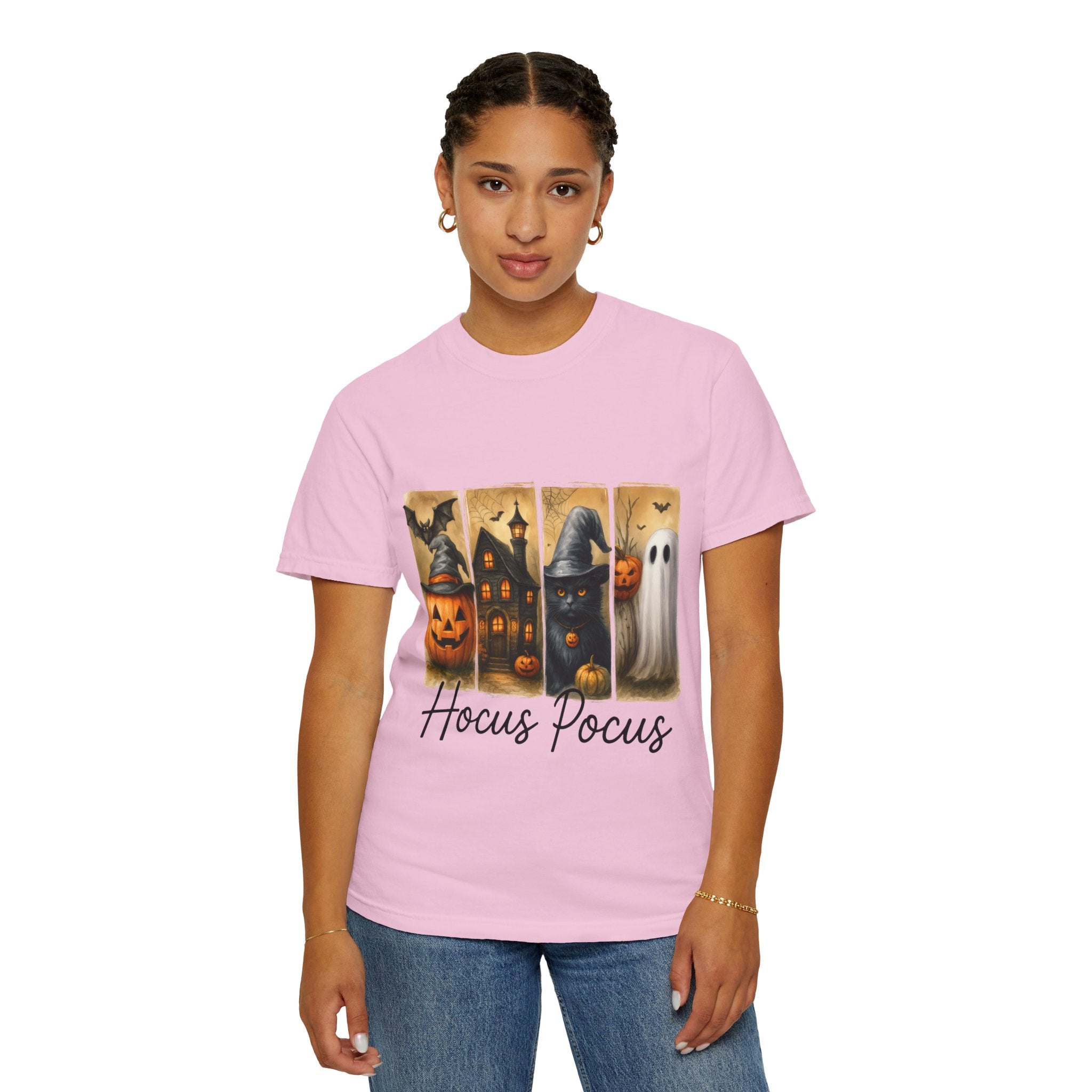 Hocus Pocus Halloween Unisex T-Shirt – Witchy Cat, Haunted House, Pumpkin & Ghost Art