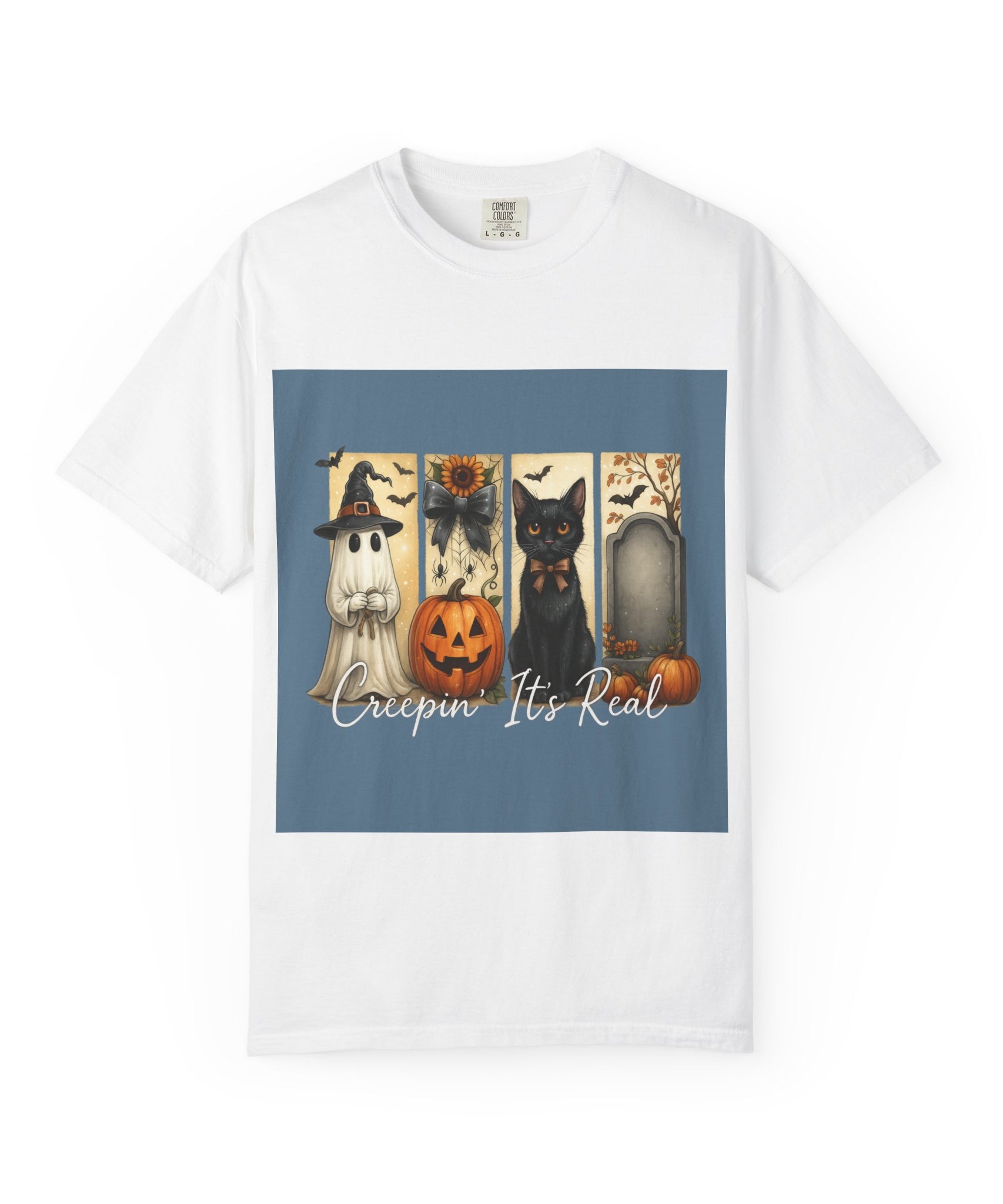 Creepin’ It’s Real Halloween T-Shirt – Cute Ghost, Pumpkin, Black Cat & Tombstone Design - Gallory Hive