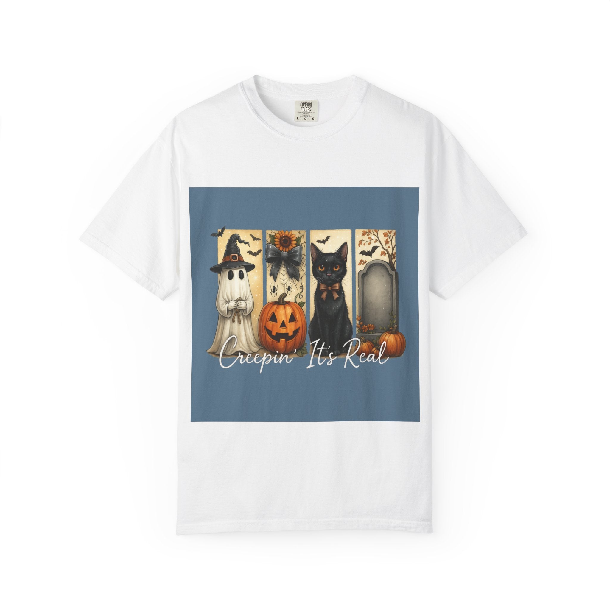 Creepin’ It’s Real Halloween T-Shirt – Cute Ghost, Pumpkin, Black Cat & Tombstone Design