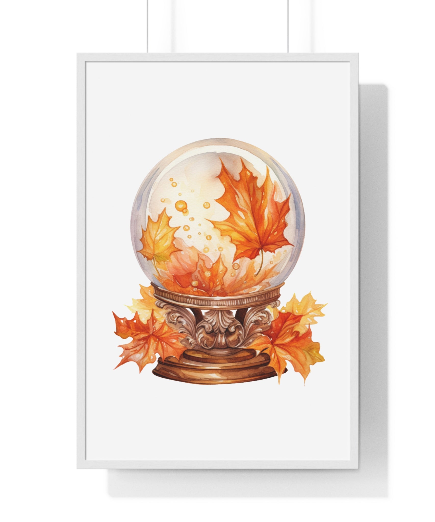 Floating Leaves Snow Globe Wall Art – Ornate Autumn Fantasy Poster | Wooden Frame Seasonal Home Decor