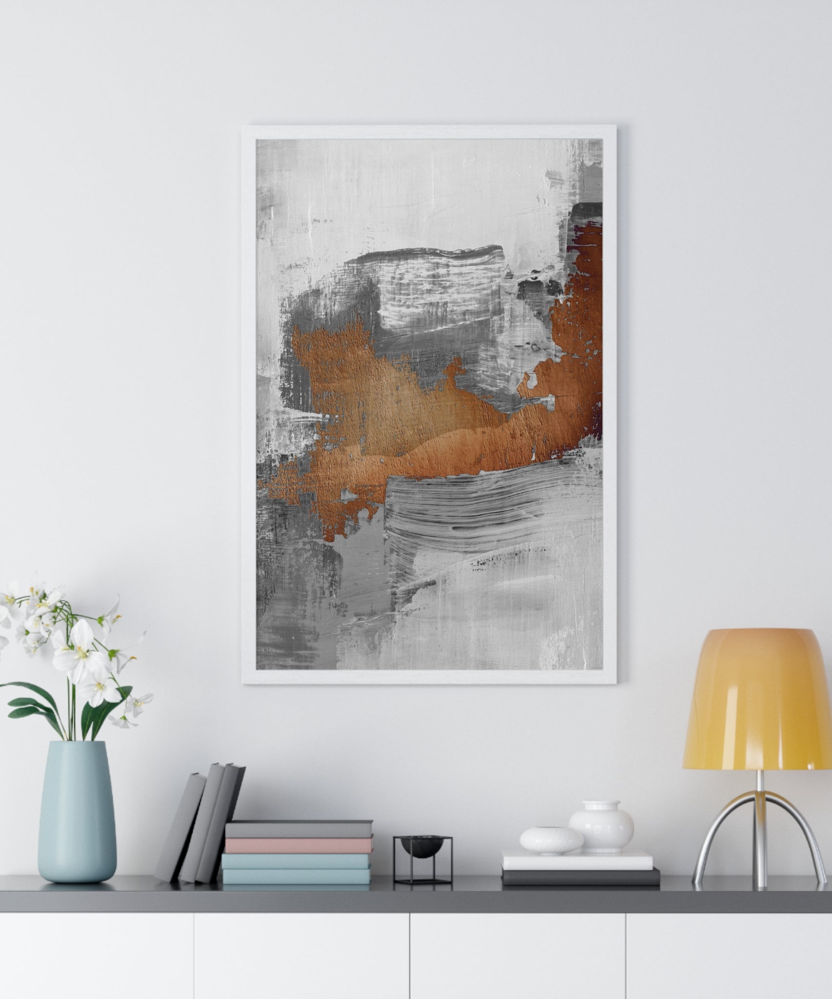 Textured Abstract Wall Art – Grey, Copper & White Modern Brushstroke Poster on Wooden Frame