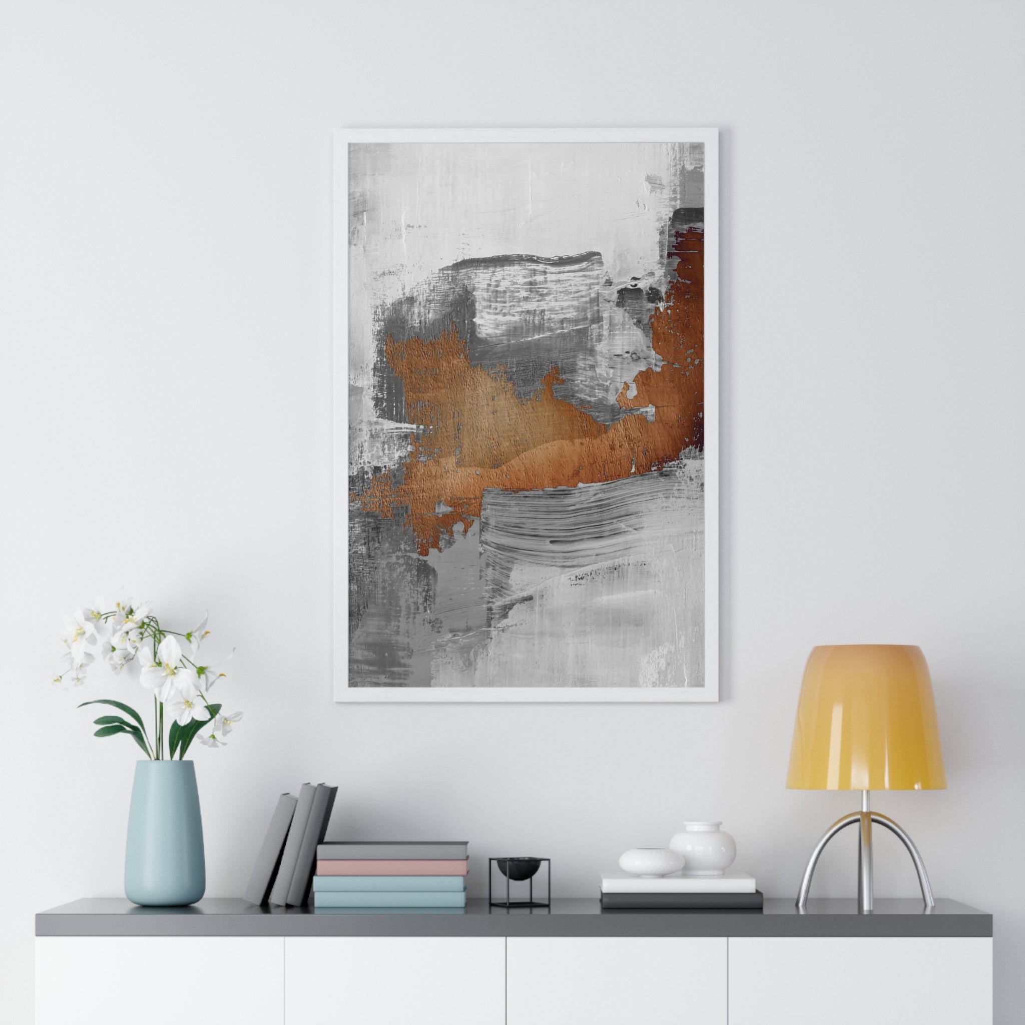 Textured Abstract Wall Art – Grey, Copper & White Modern Brushstroke Poster on Wooden Frame
